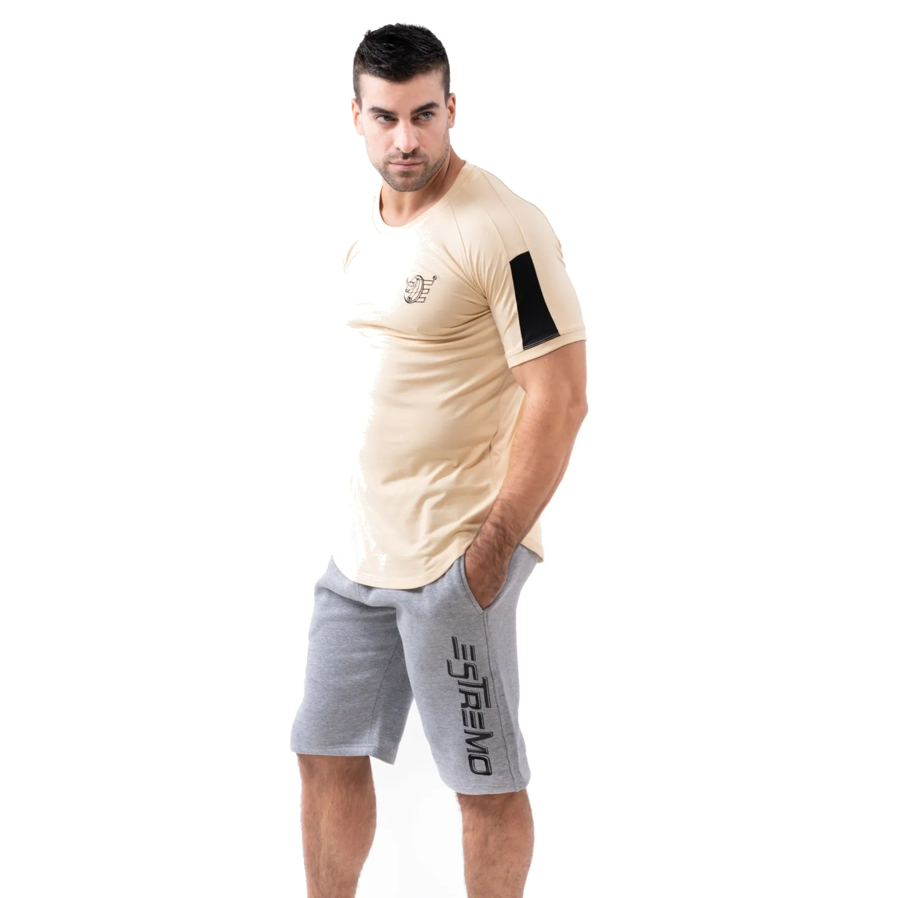 Estremo Fitness Flex-Knit Crew Neck Tees - Beige