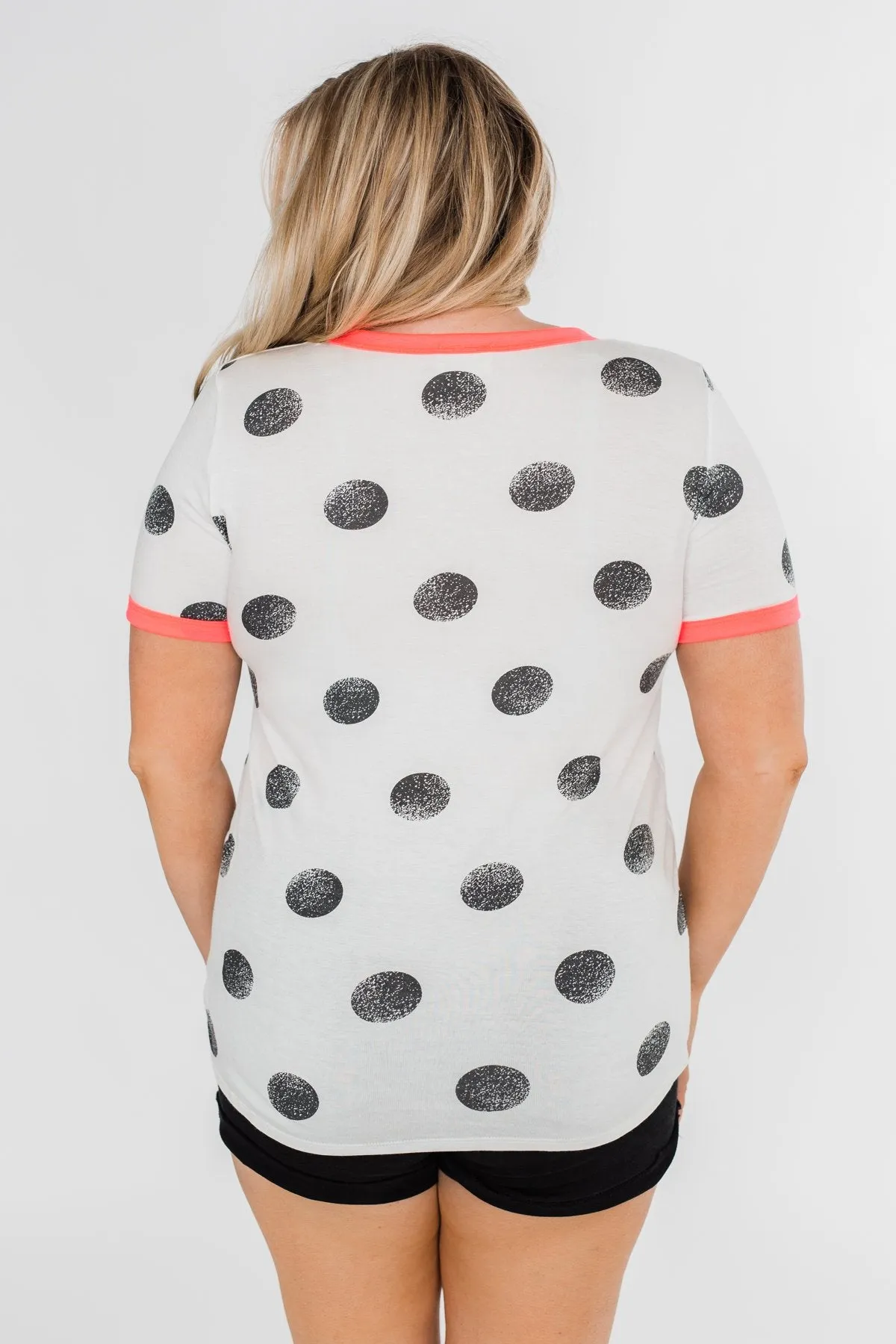 Faded Polka Dot Short Sleeve Top- Ivory & Hot Pink