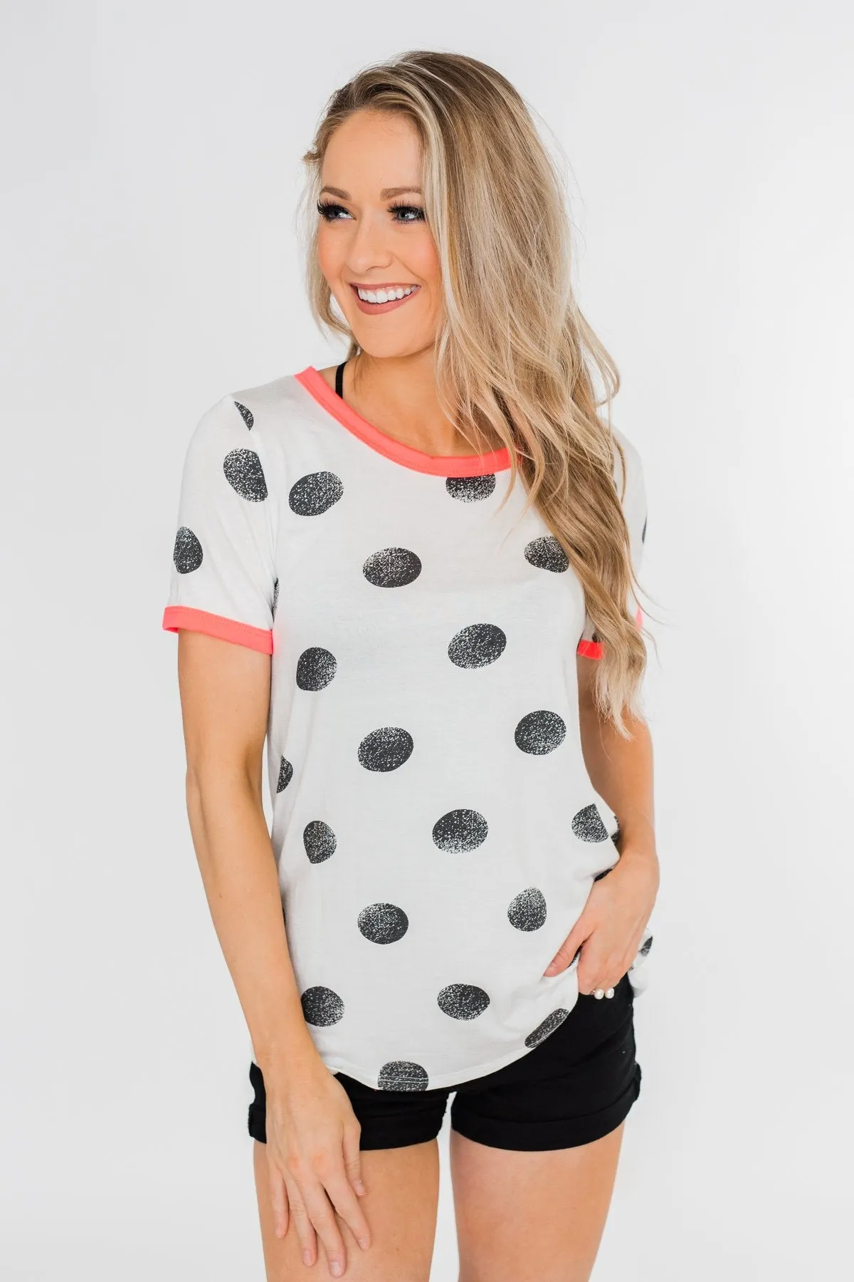 Faded Polka Dot Short Sleeve Top- Ivory & Hot Pink