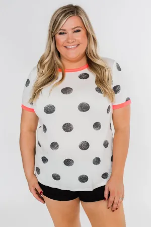 Faded Polka Dot Short Sleeve Top- Ivory & Hot Pink