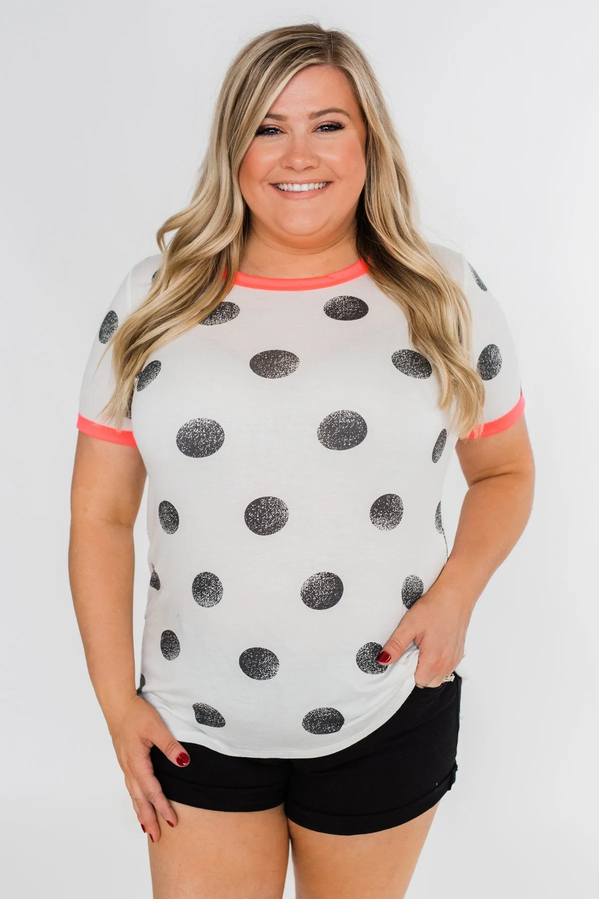 Faded Polka Dot Short Sleeve Top- Ivory & Hot Pink