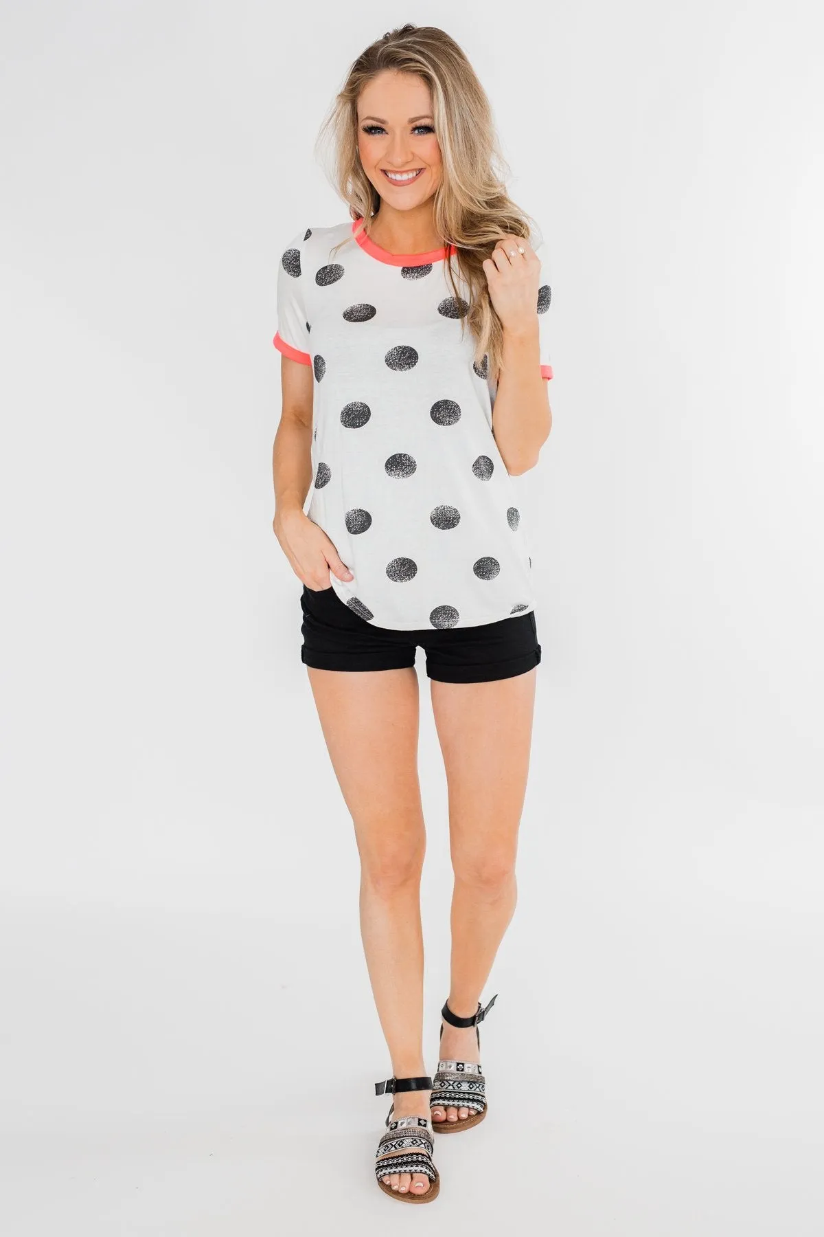 Faded Polka Dot Short Sleeve Top- Ivory & Hot Pink