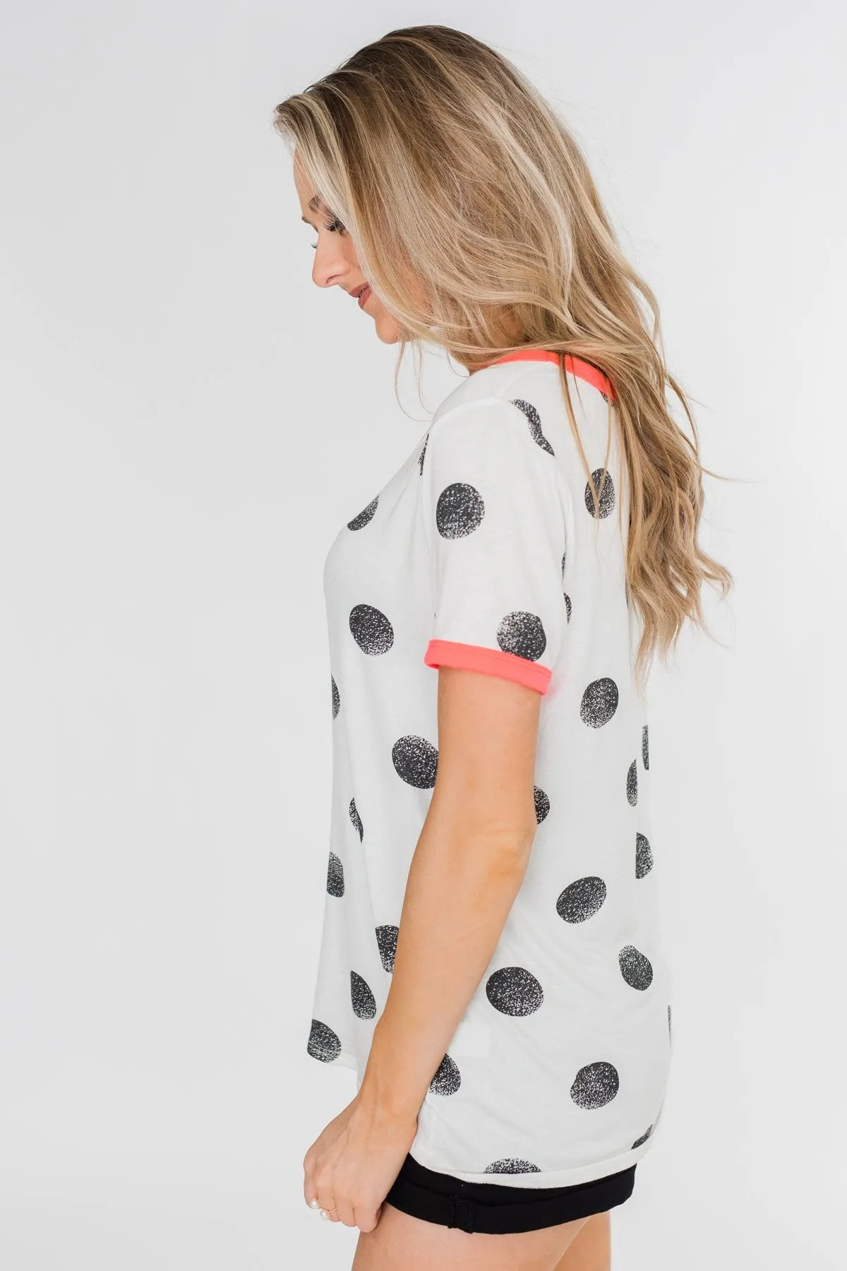 Faded Polka Dot Short Sleeve Top- Ivory & Hot Pink