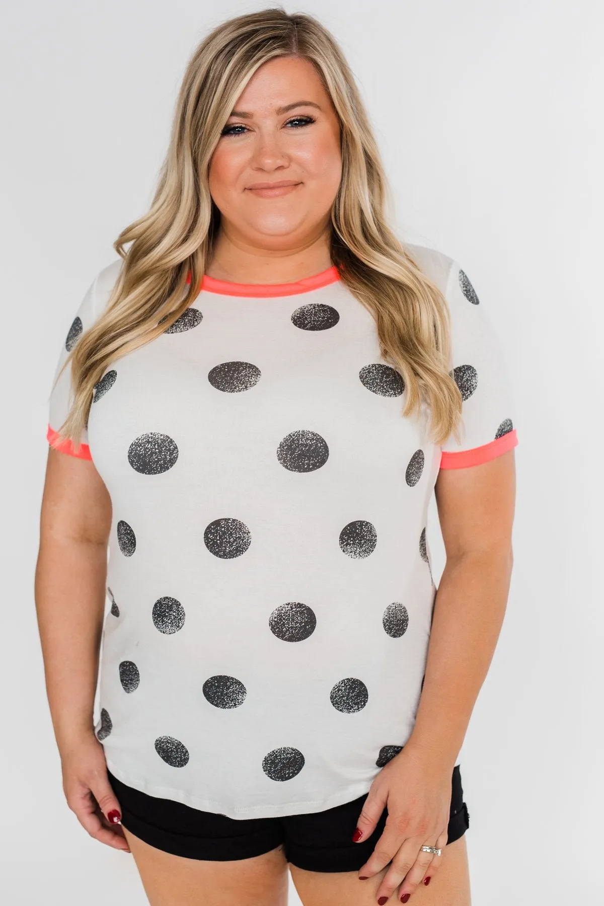 Faded Polka Dot Short Sleeve Top- Ivory & Hot Pink