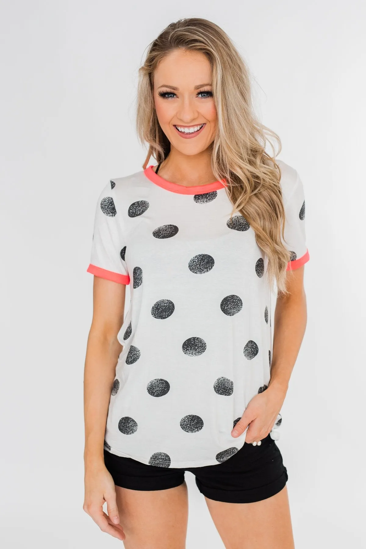 Faded Polka Dot Short Sleeve Top- Ivory & Hot Pink