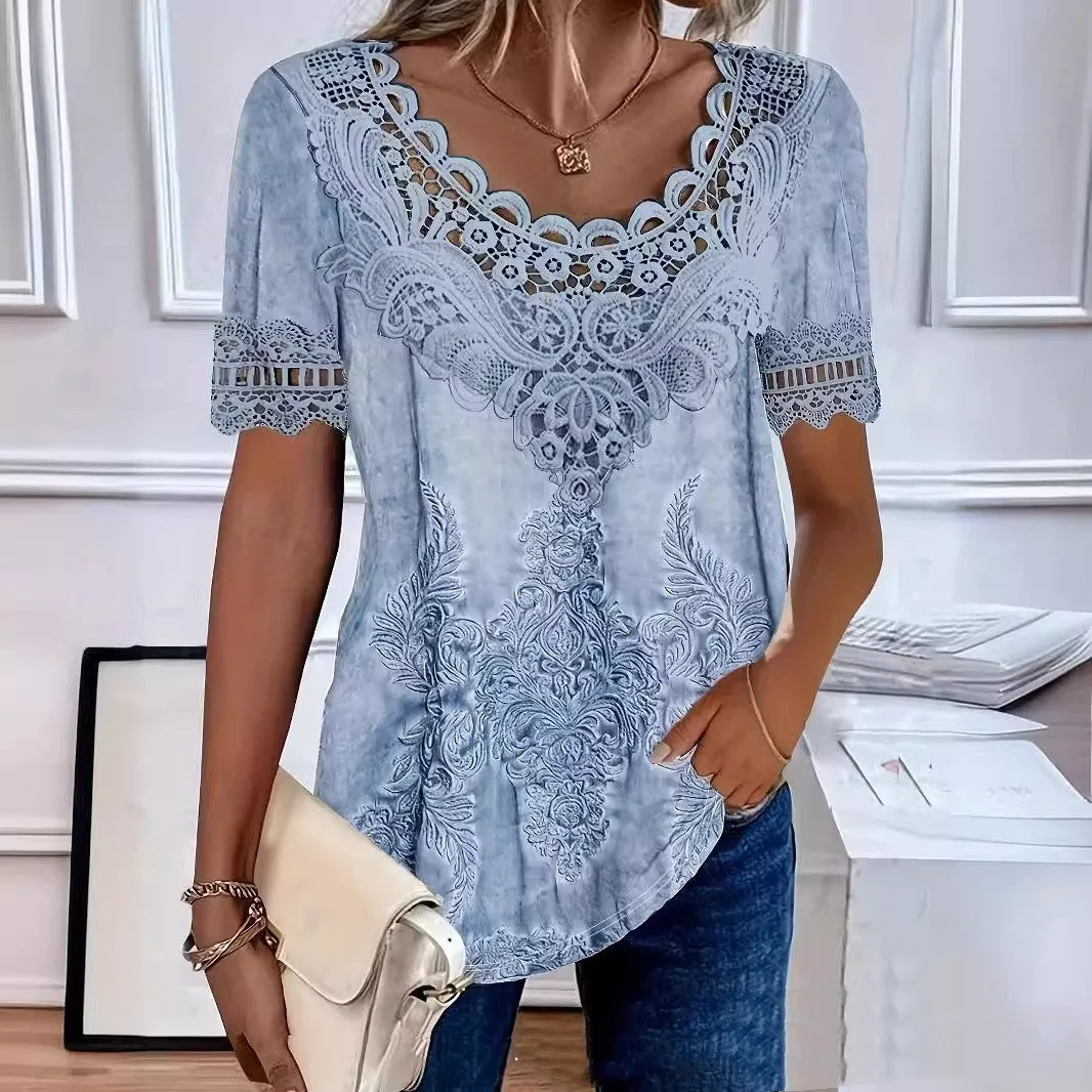 Fashionable Elegant Casual Hollow Lace Women's T-shirt