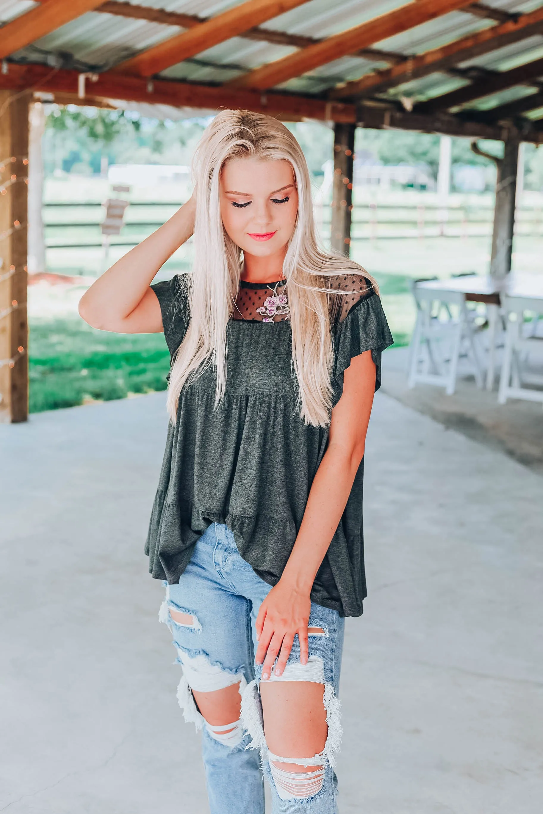 Giving Your All Baby Doll Top - Charcoal