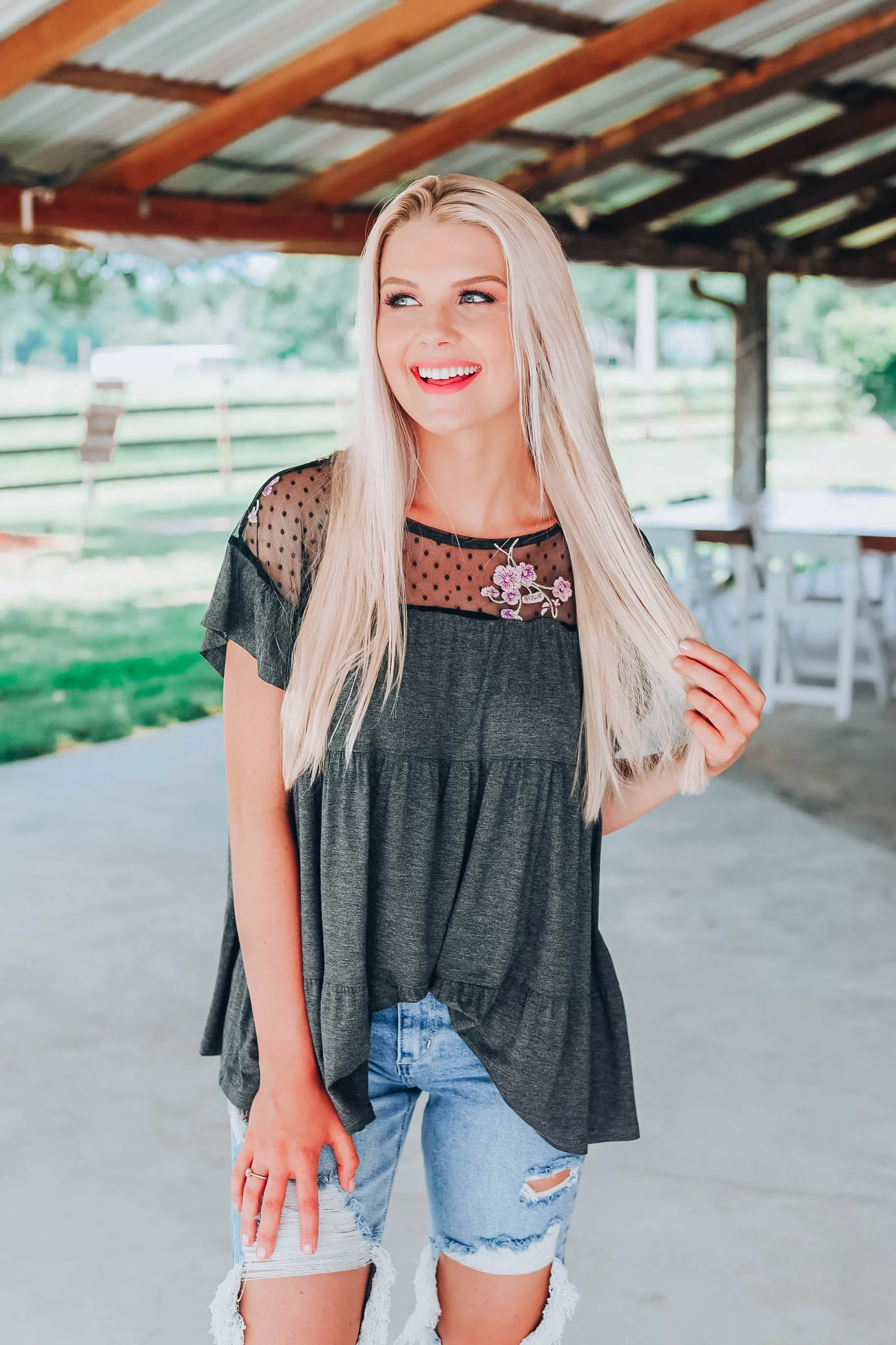 Giving Your All Baby Doll Top - Charcoal
