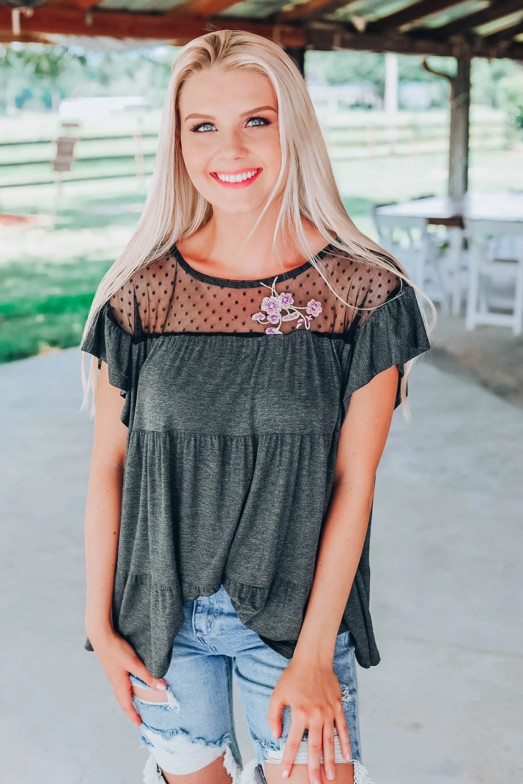 Giving Your All Baby Doll Top - Charcoal