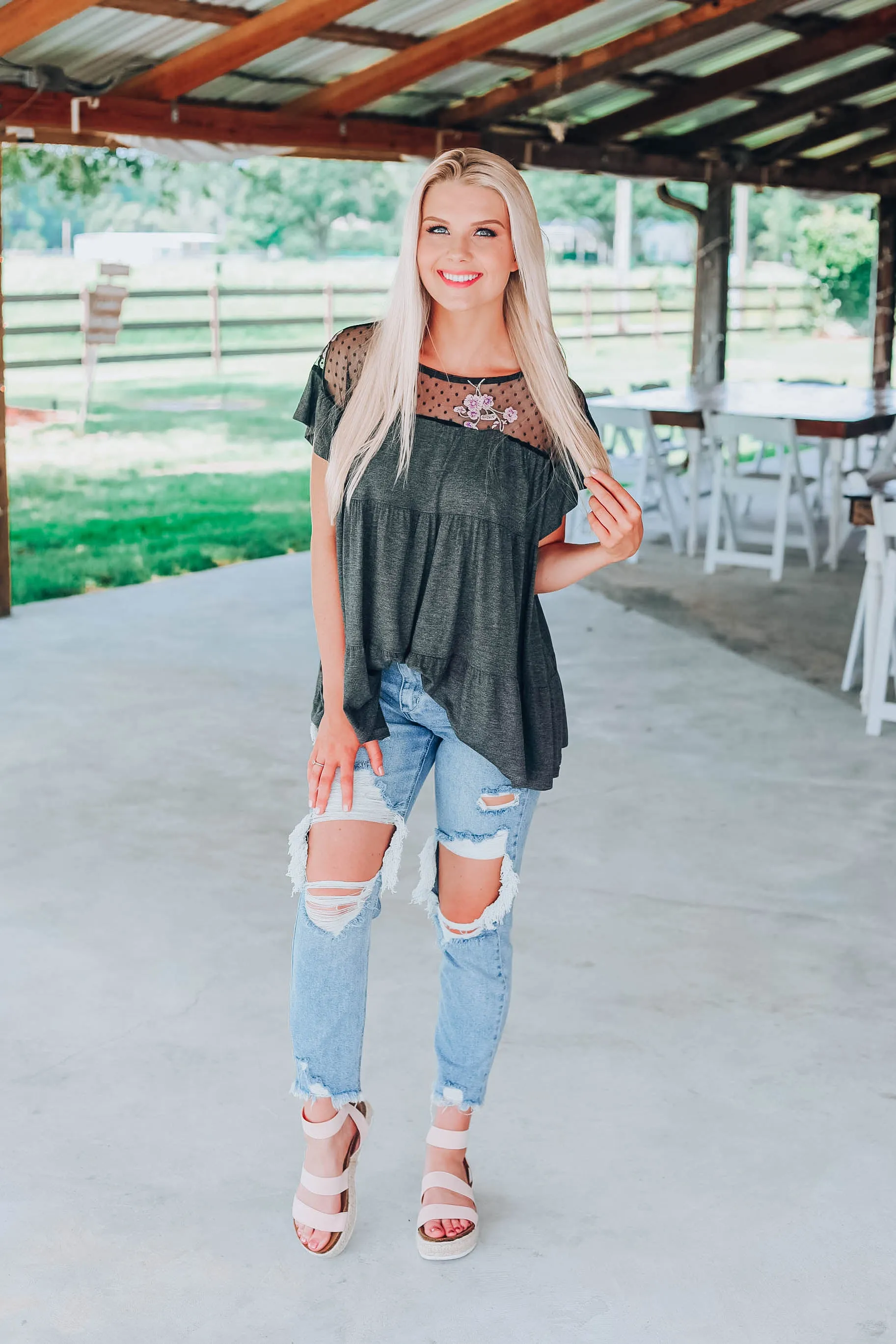 Giving Your All Baby Doll Top - Charcoal