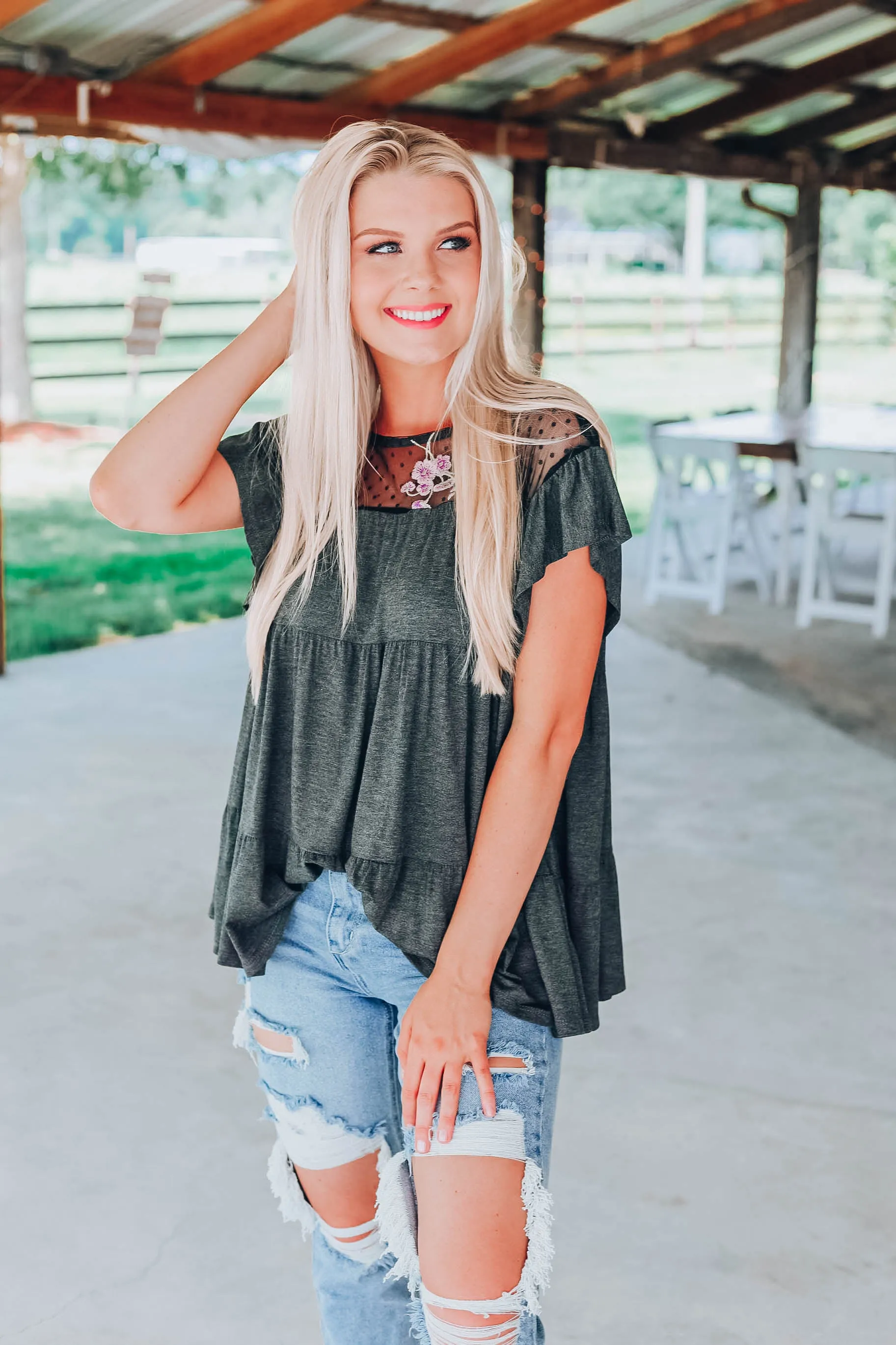 Giving Your All Baby Doll Top - Charcoal