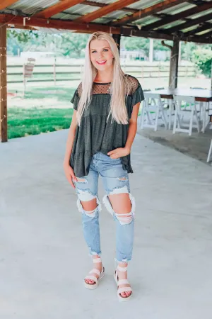 Giving Your All Baby Doll Top - Charcoal