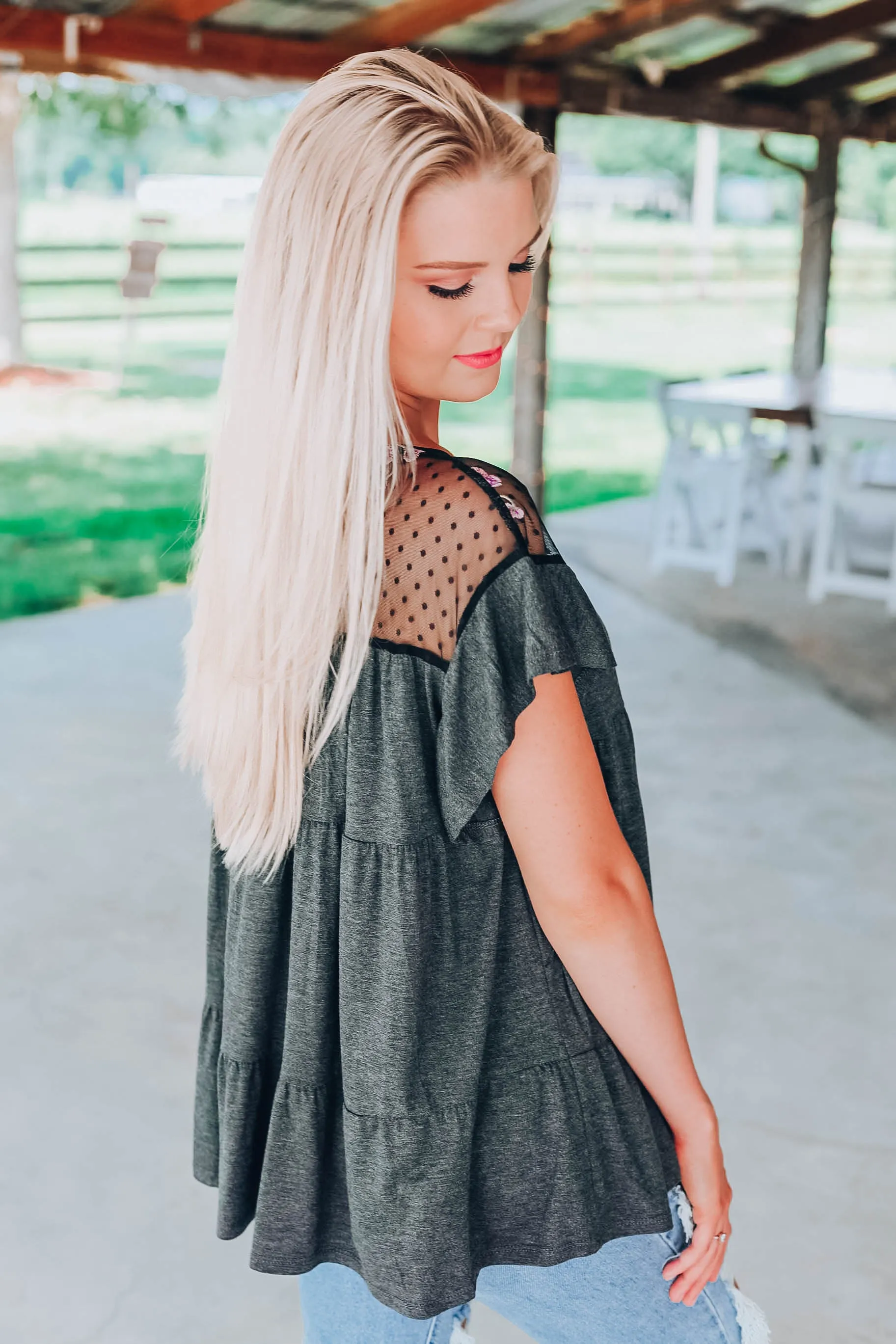 Giving Your All Baby Doll Top - Charcoal