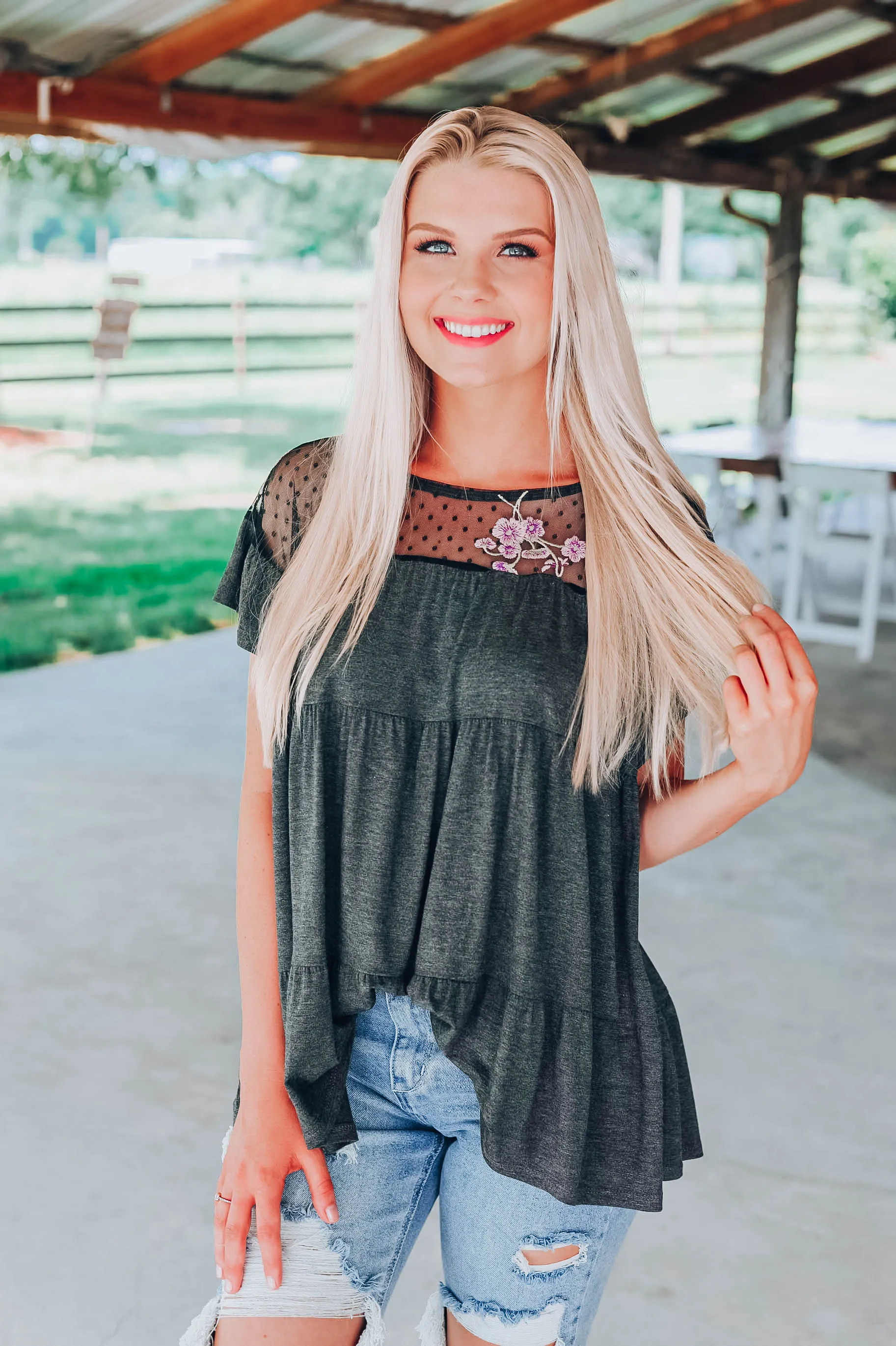 Giving Your All Baby Doll Top - Charcoal