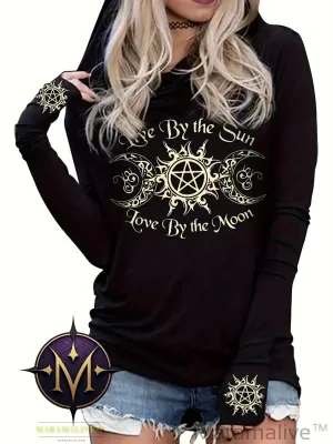 Gothic Graphic Print Hooded T-shirt, Casual Long Sleeve T-shirt For Spring & Fall, Women's Clothing