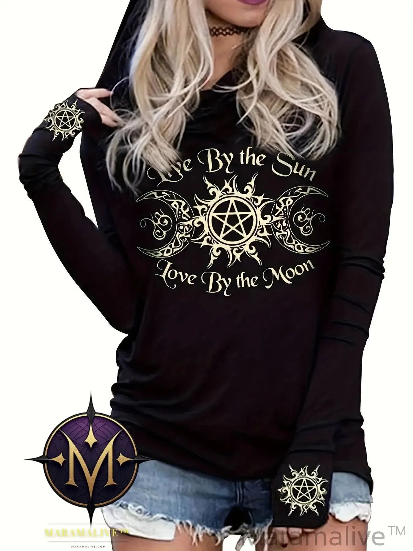 Gothic Graphic Print Hooded T-shirt, Casual Long Sleeve T-shirt For Spring & Fall, Women's Clothing