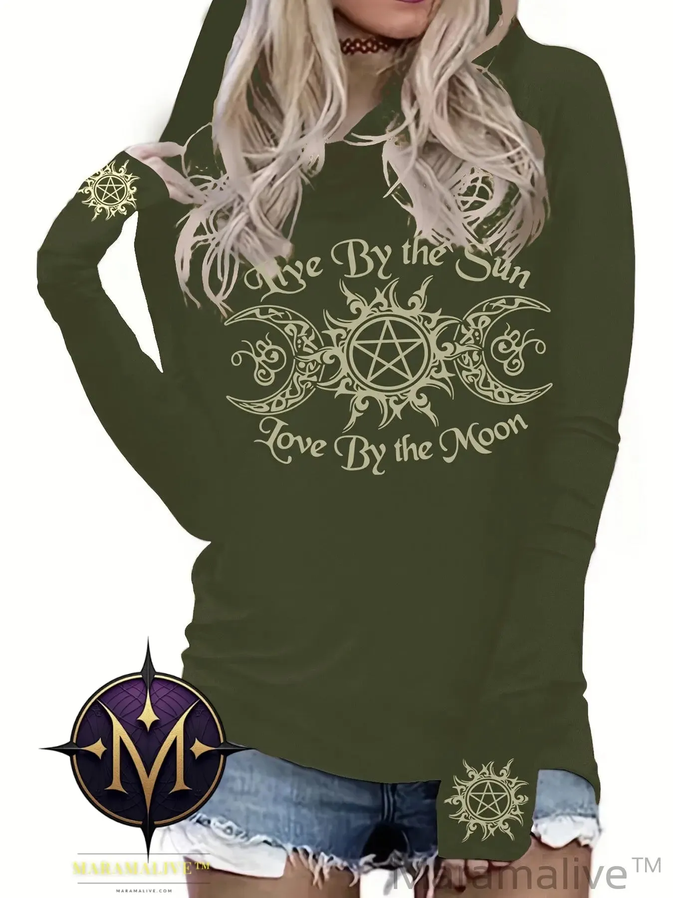 Gothic Graphic Print Hooded T-shirt, Casual Long Sleeve T-shirt For Spring & Fall, Women's Clothing