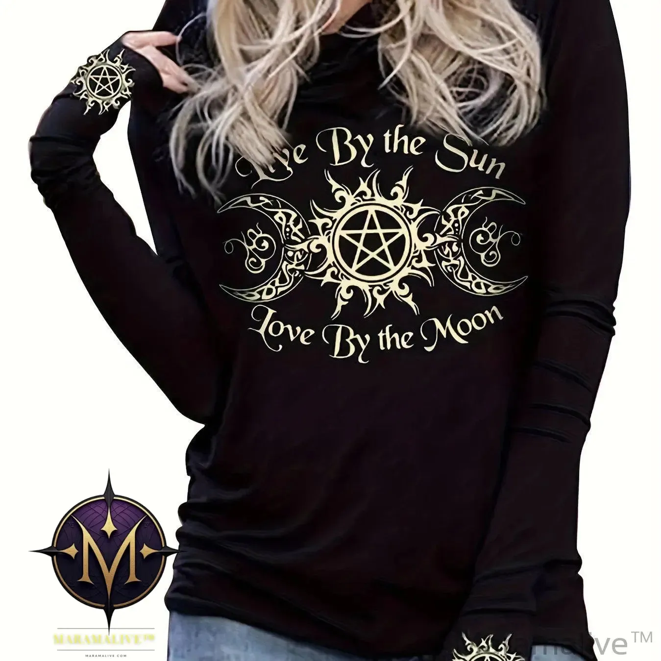 Gothic Graphic Print Hooded T-shirt, Casual Long Sleeve T-shirt For Spring & Fall, Women's Clothing