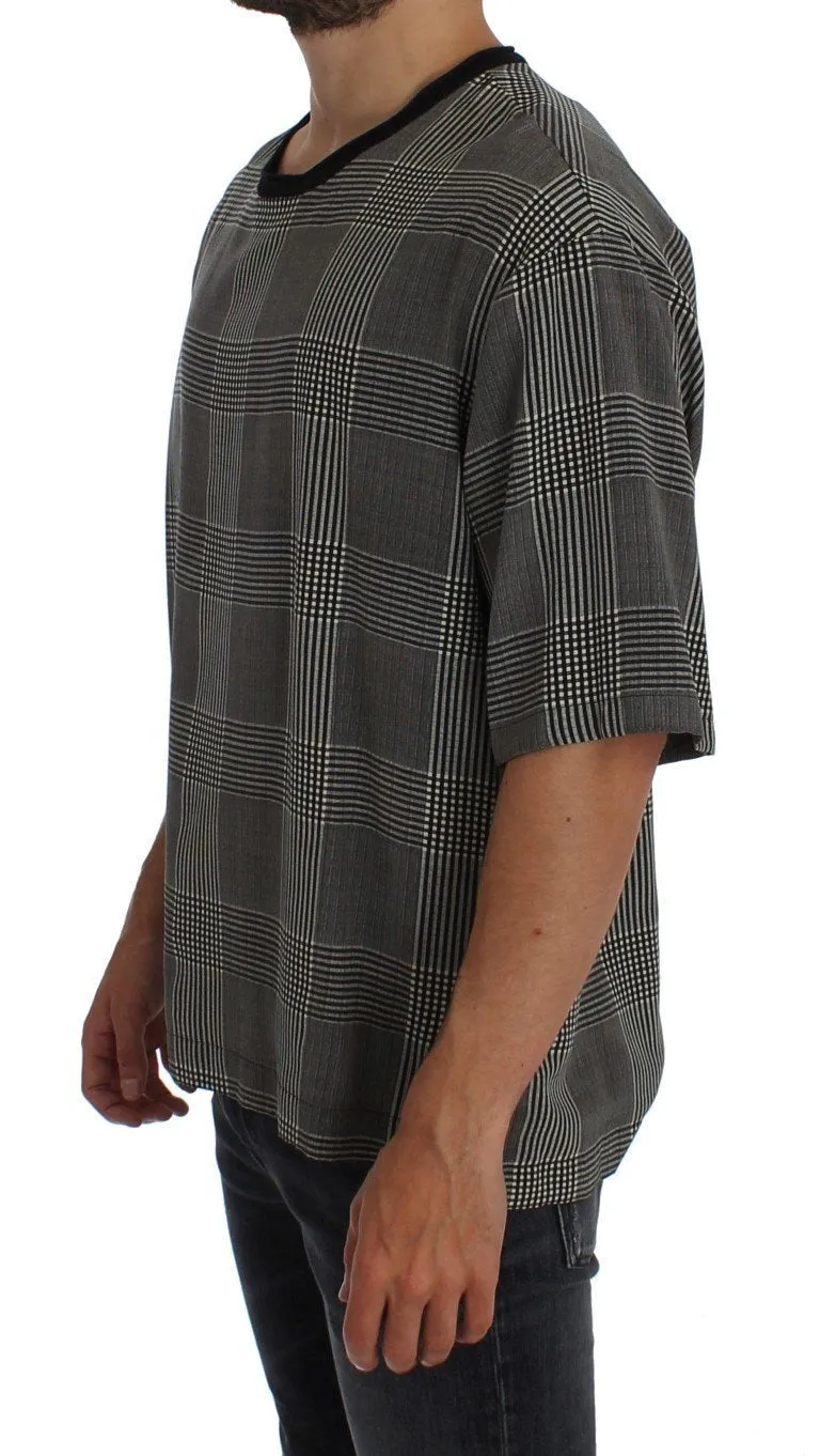 Gray Checkered Silk Crewneck T-shirt