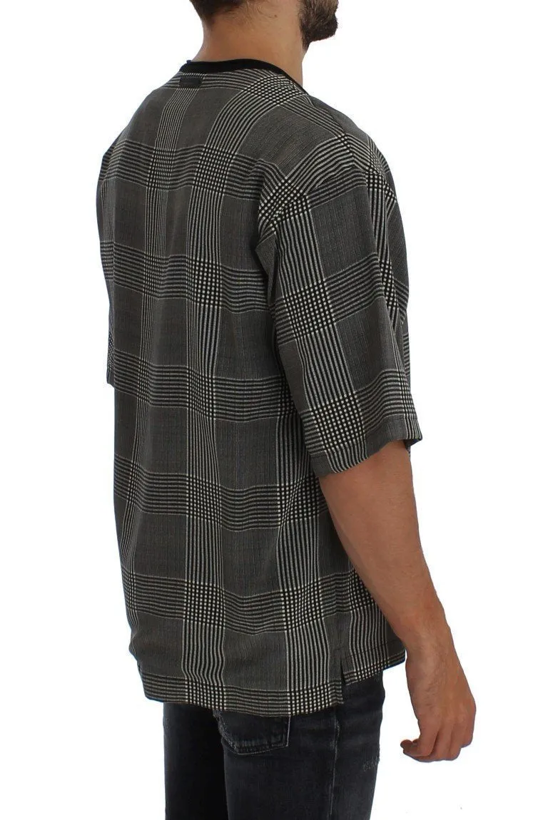 Gray Checkered Silk Crewneck T-shirt