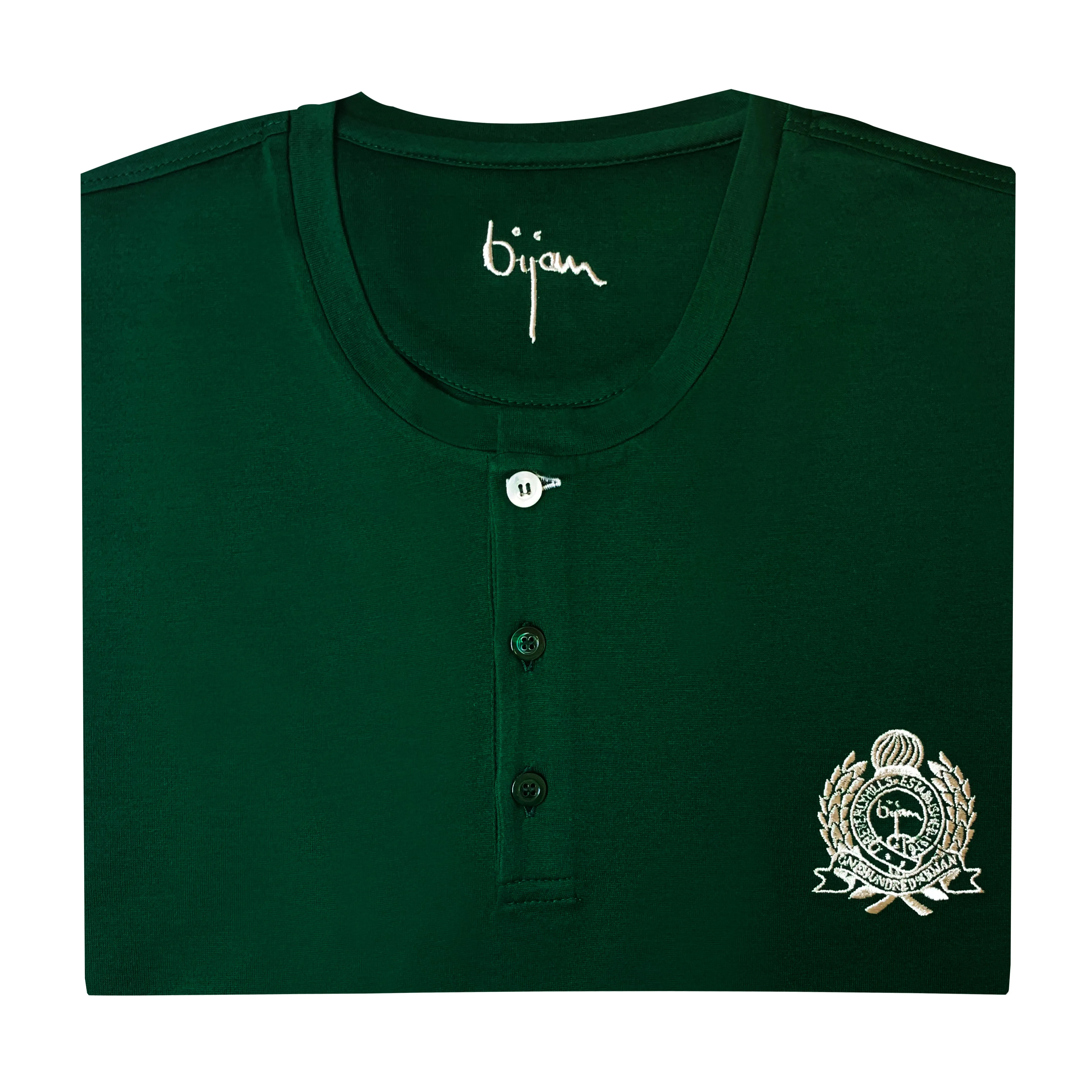 Green Round Neck Short Sleeve T-Shirt with 3 Buttons
