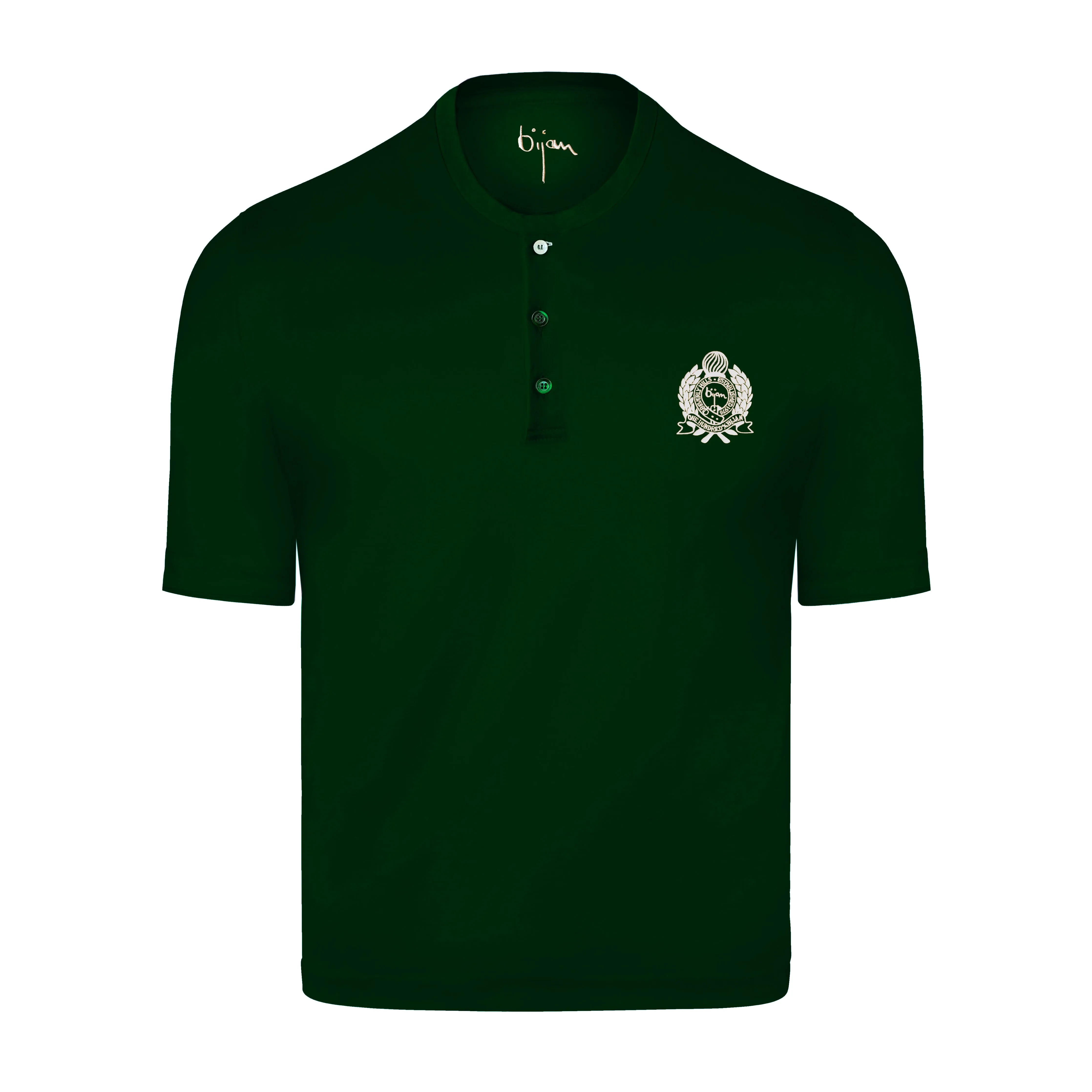 Green Round Neck Short Sleeve T-Shirt with 3 Buttons