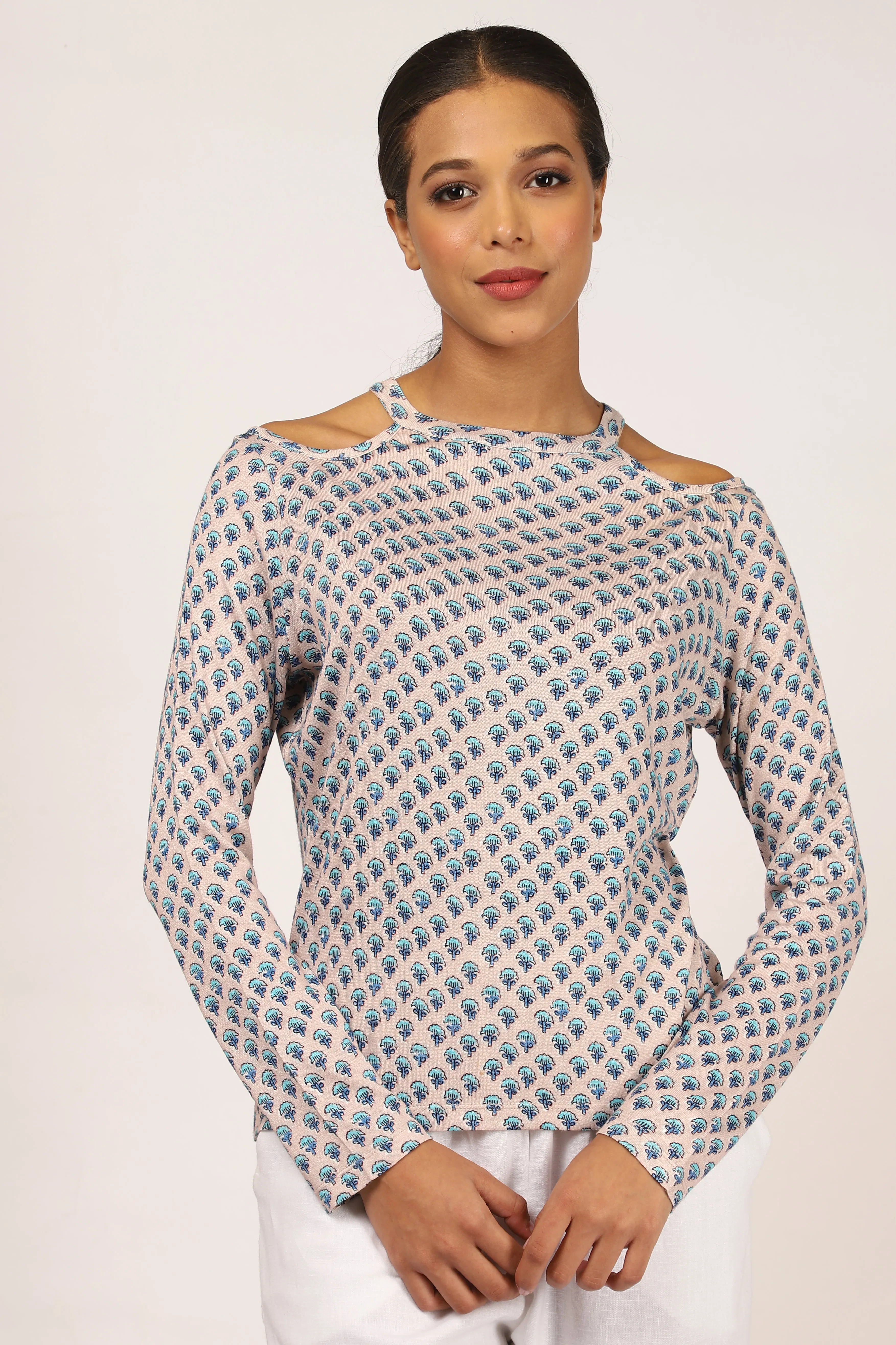 Grey Floral Off-Shoulder Cashmere Top