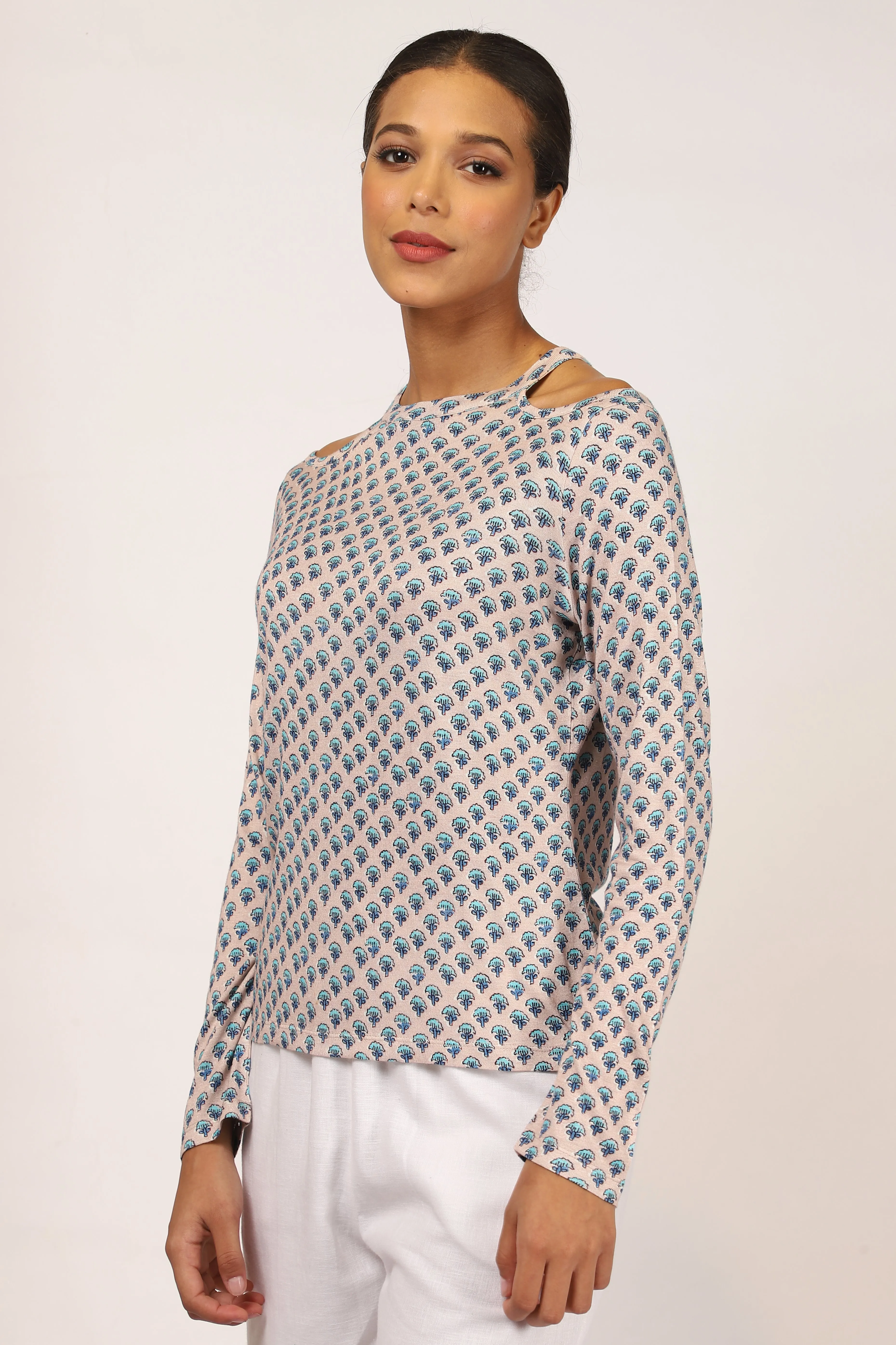 Grey Floral Off-Shoulder Cashmere Top