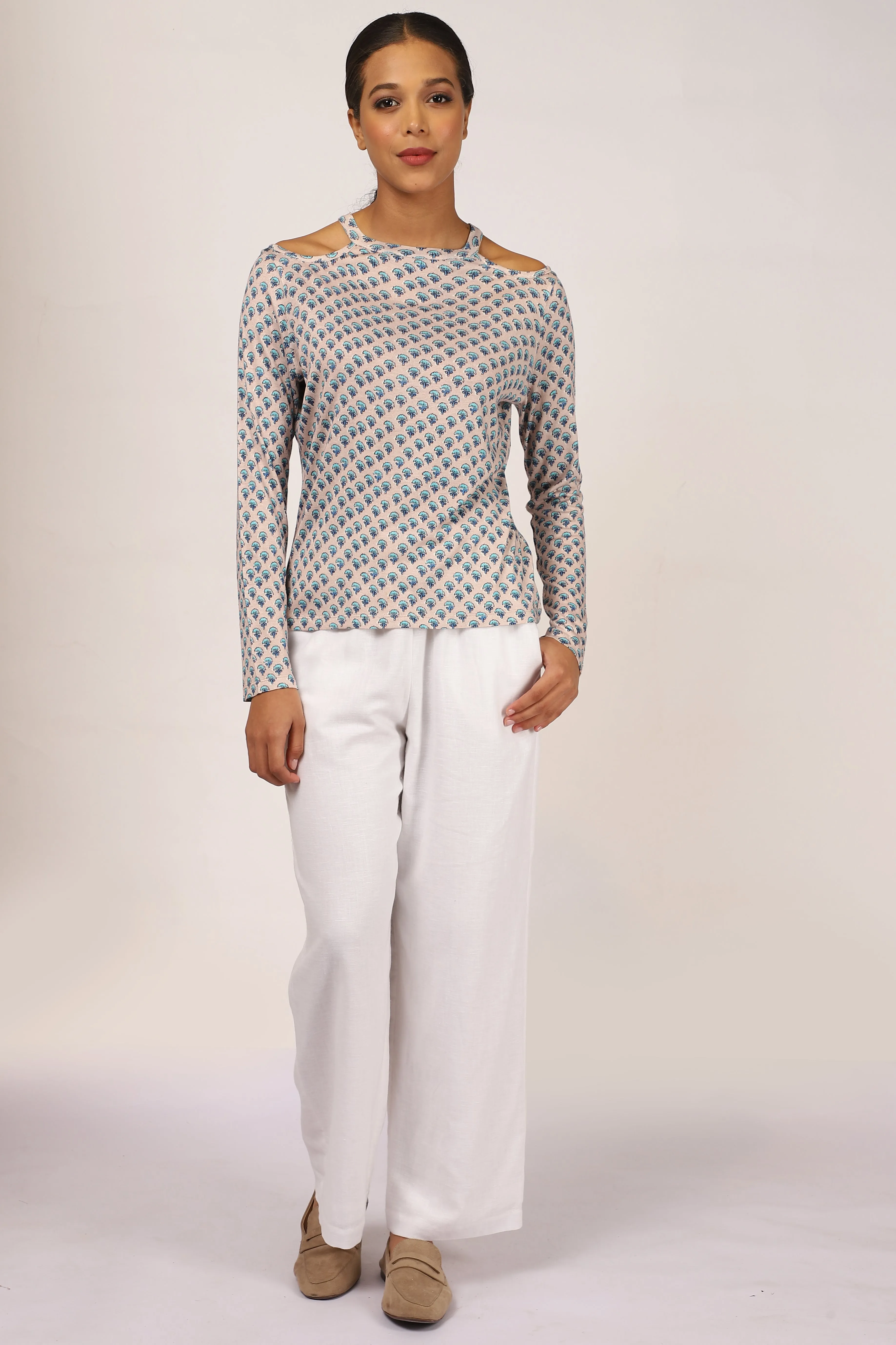 Grey Floral Off-Shoulder Cashmere Top