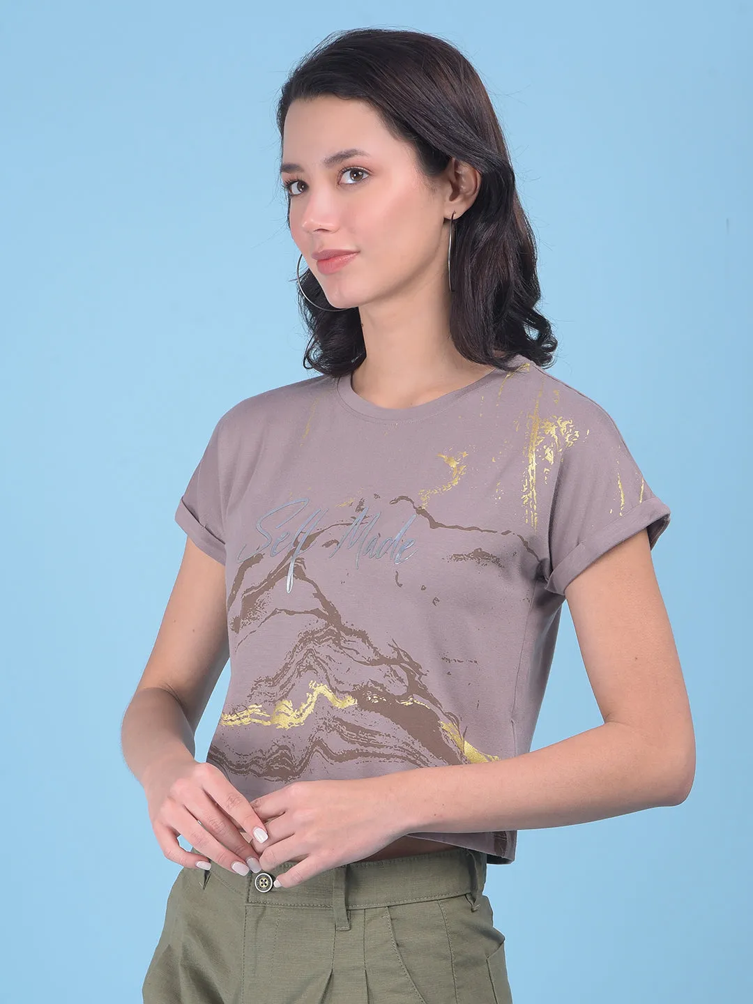 Grey Graphic Print Crop T-Shirt