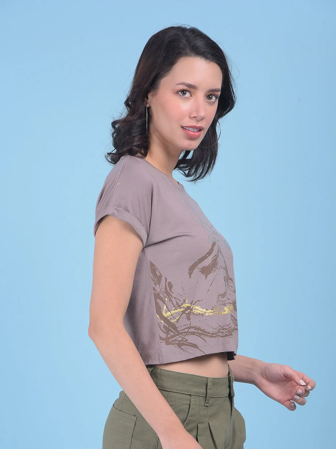 Grey Graphic Print Crop T-Shirt