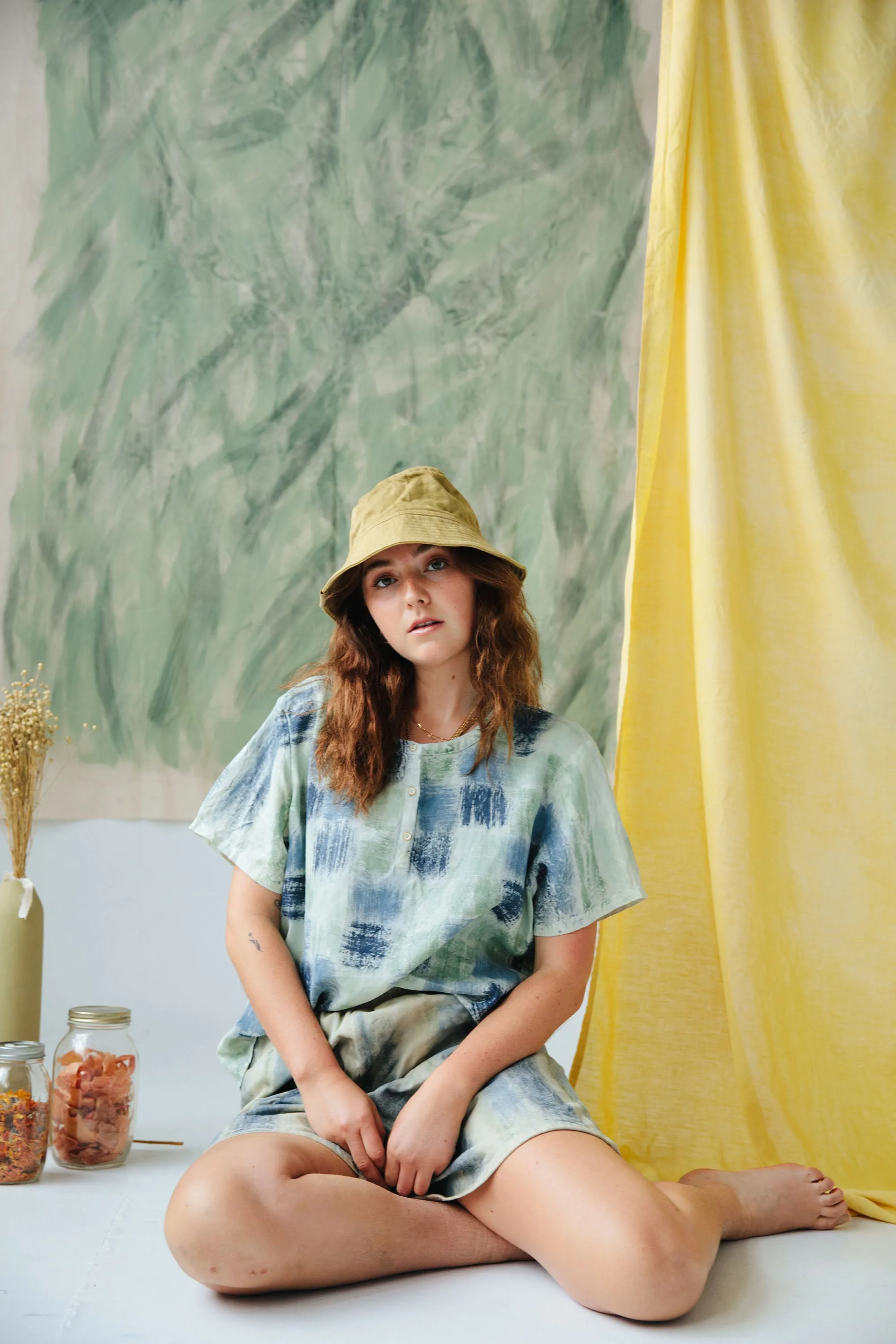 Hand Painted & Dyed Linen Short Sleeve Top - Indigo Basket Weave