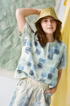 Hand Painted & Dyed Linen Short Sleeve Top - Indigo Basket Weave