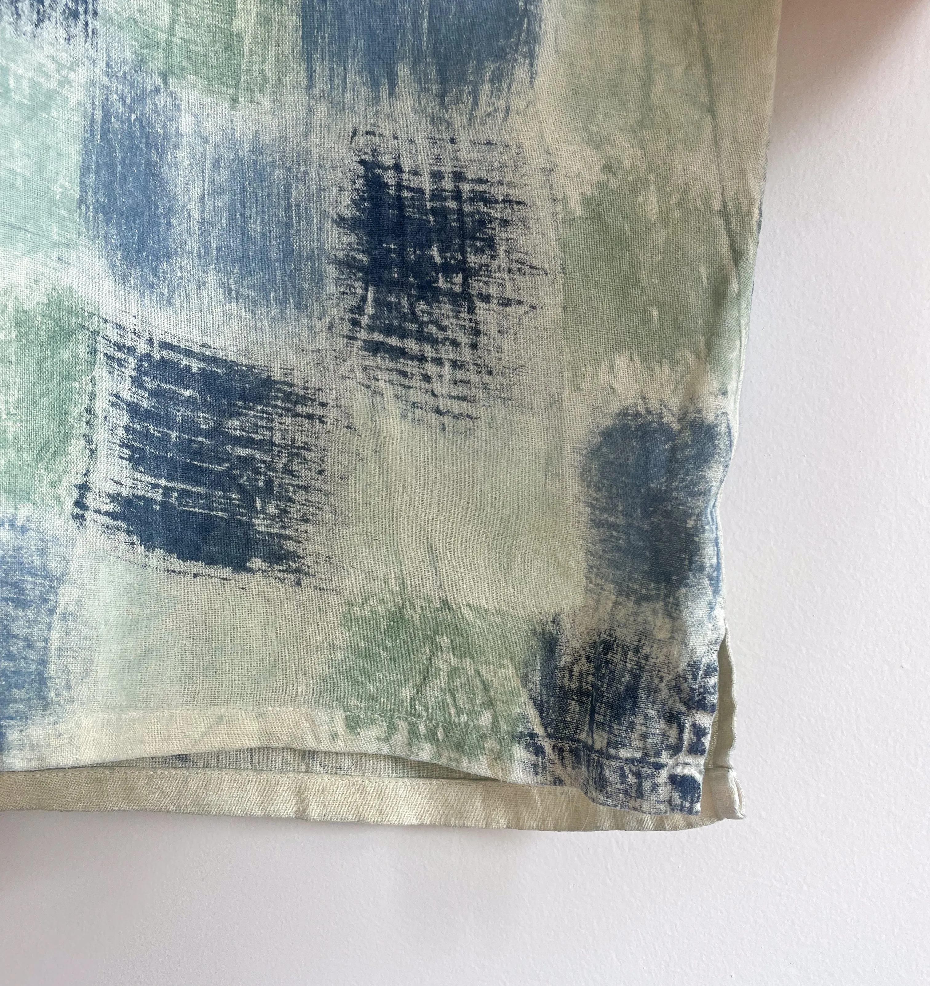 Hand Painted & Dyed Linen Short Sleeve Top - Indigo Basket Weave