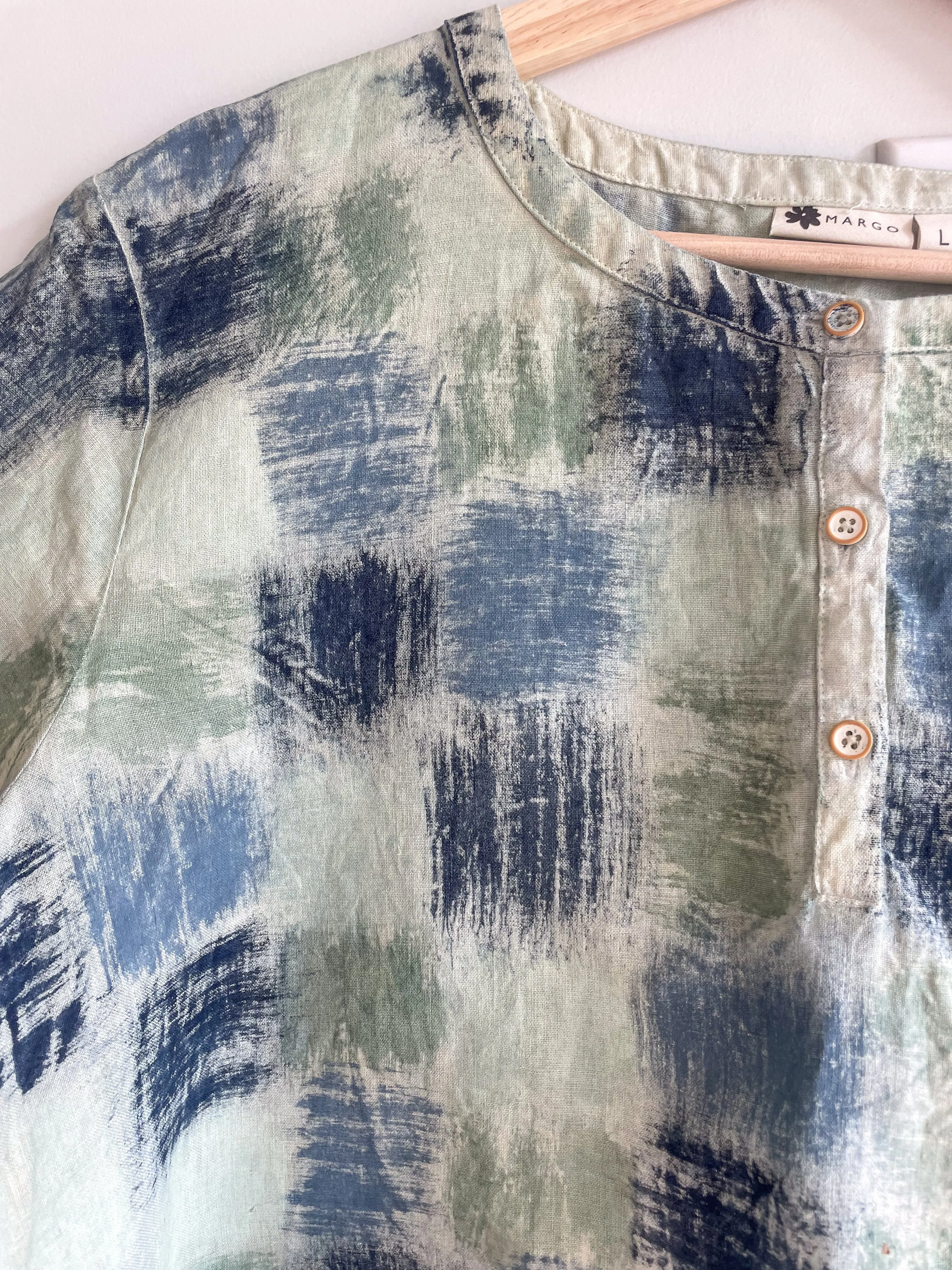 Hand Painted & Dyed Linen Short Sleeve Top - Indigo Basket Weave