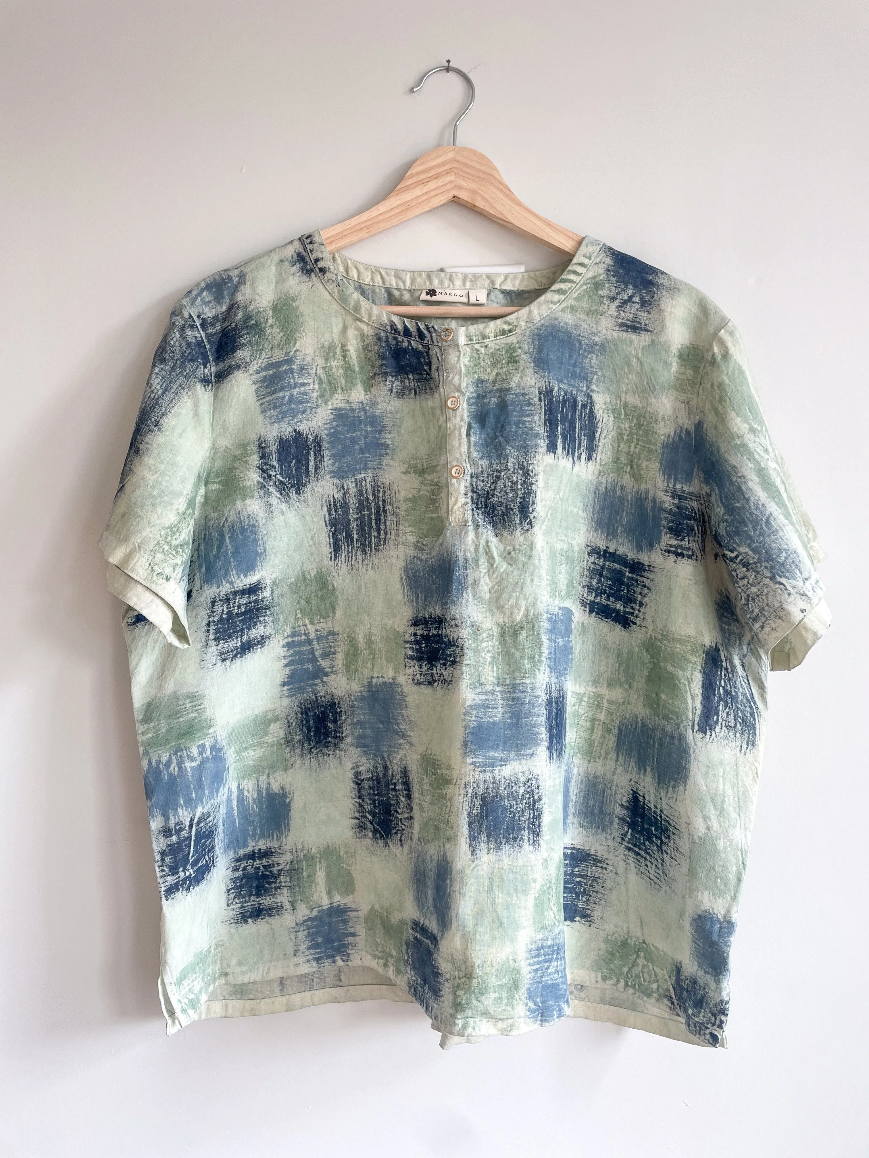 Hand Painted & Dyed Linen Short Sleeve Top - Indigo Basket Weave