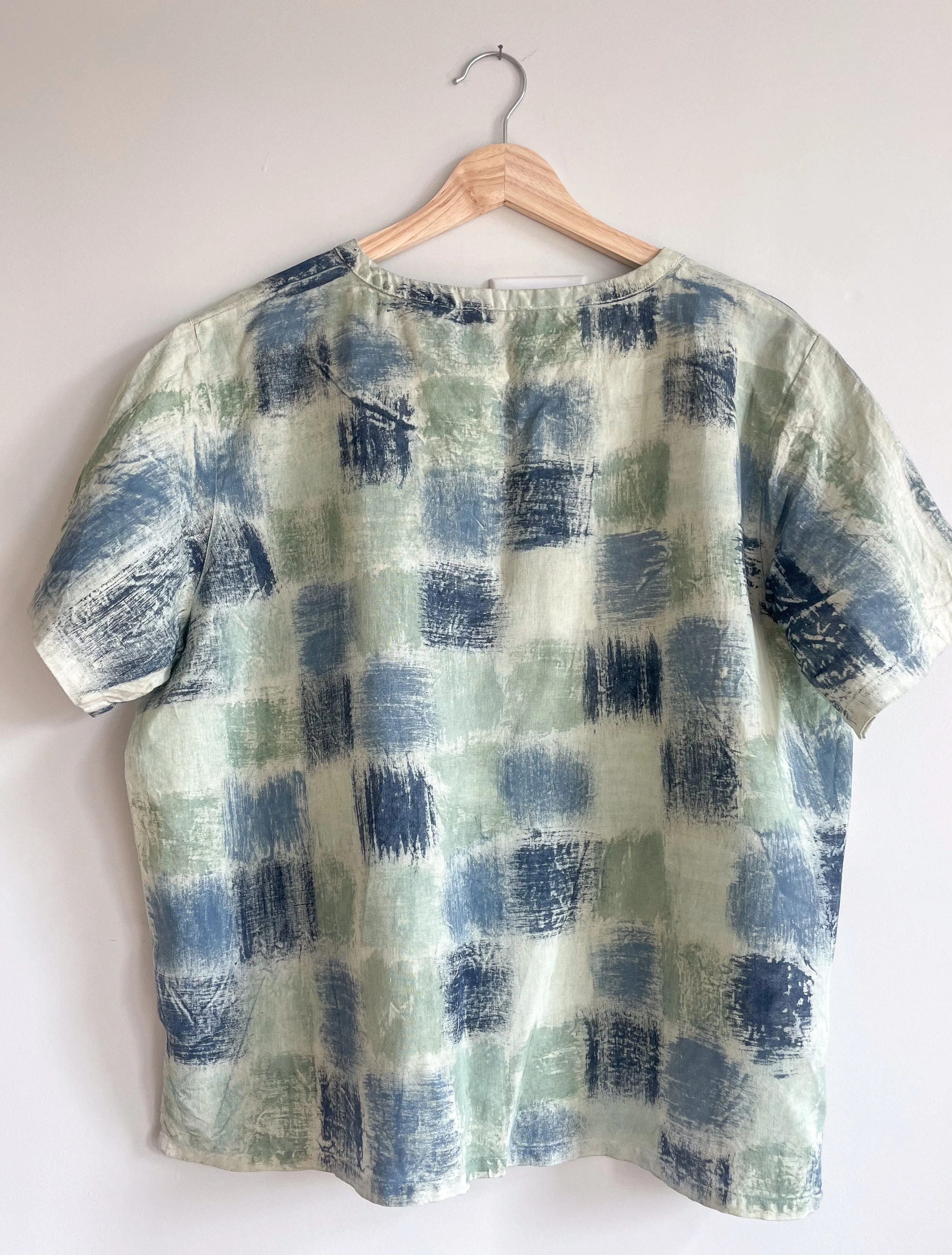 Hand Painted & Dyed Linen Short Sleeve Top - Indigo Basket Weave