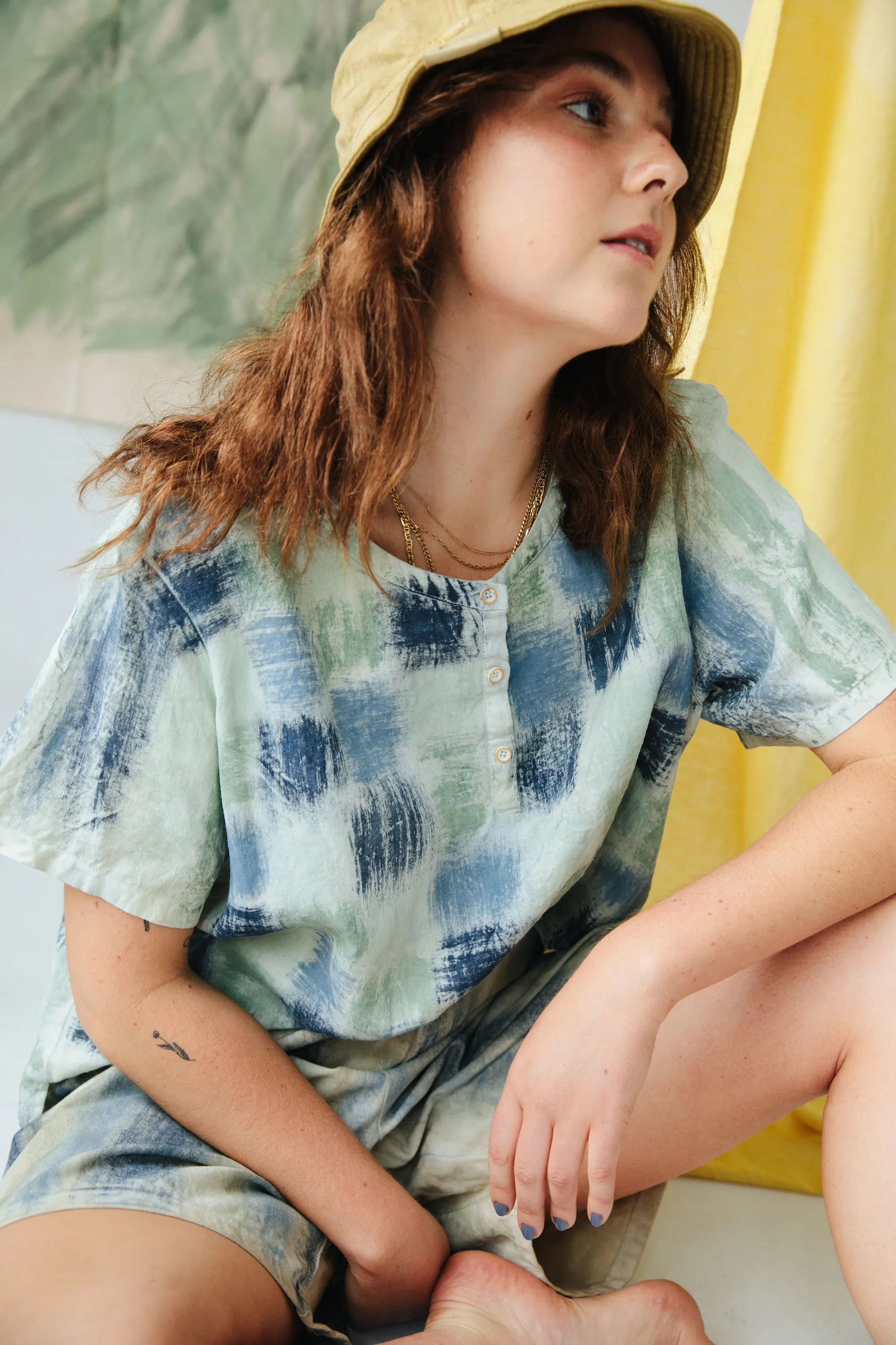 Hand Painted & Dyed Linen Short Sleeve Top - Indigo Basket Weave