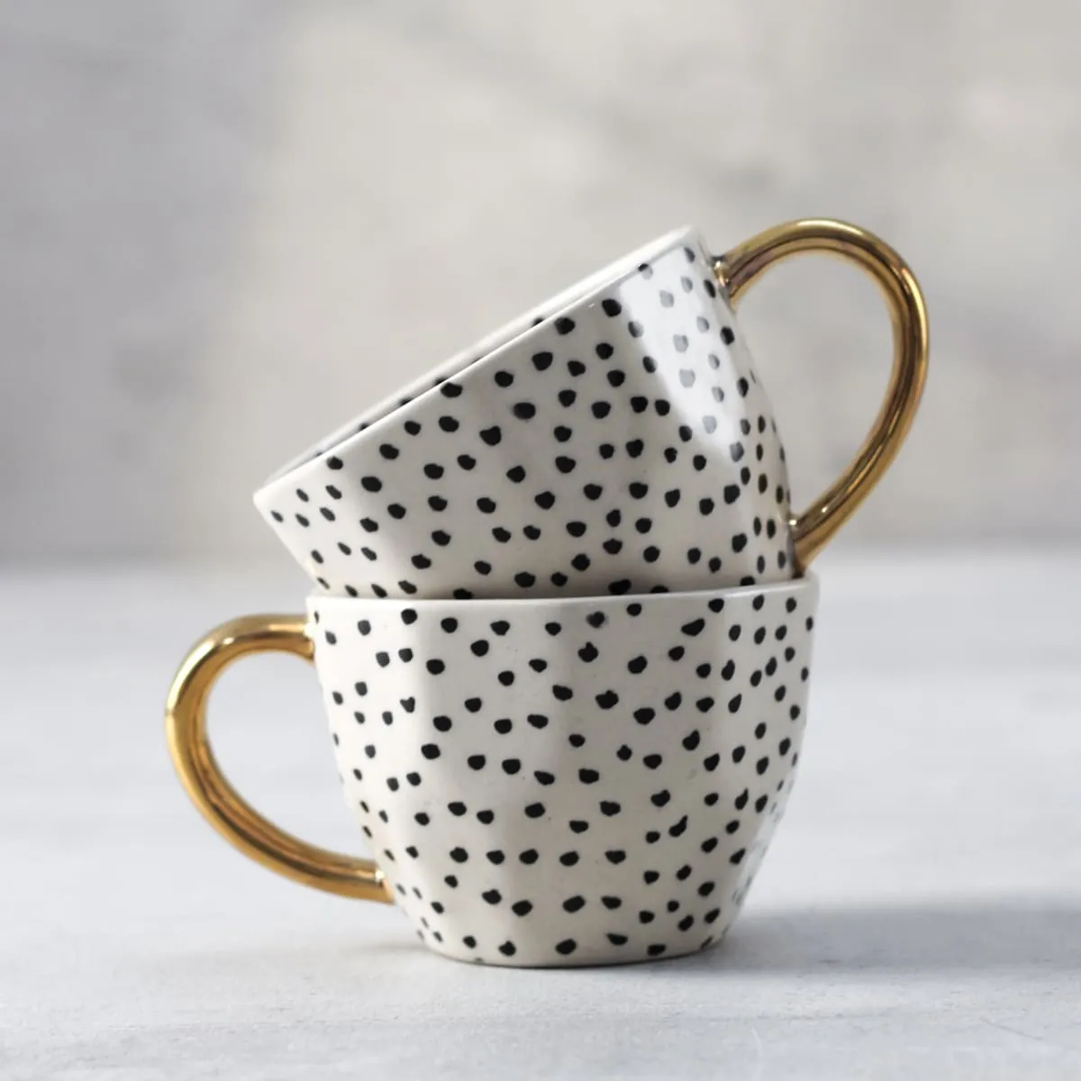 Home Artisan Charlotte Polka Dot Handmade Ceramic Cup with Golden Handle - Set of 2