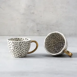 Home Artisan Charlotte Polka Dot Handmade Ceramic Cup with Golden Handle - Set of 2
