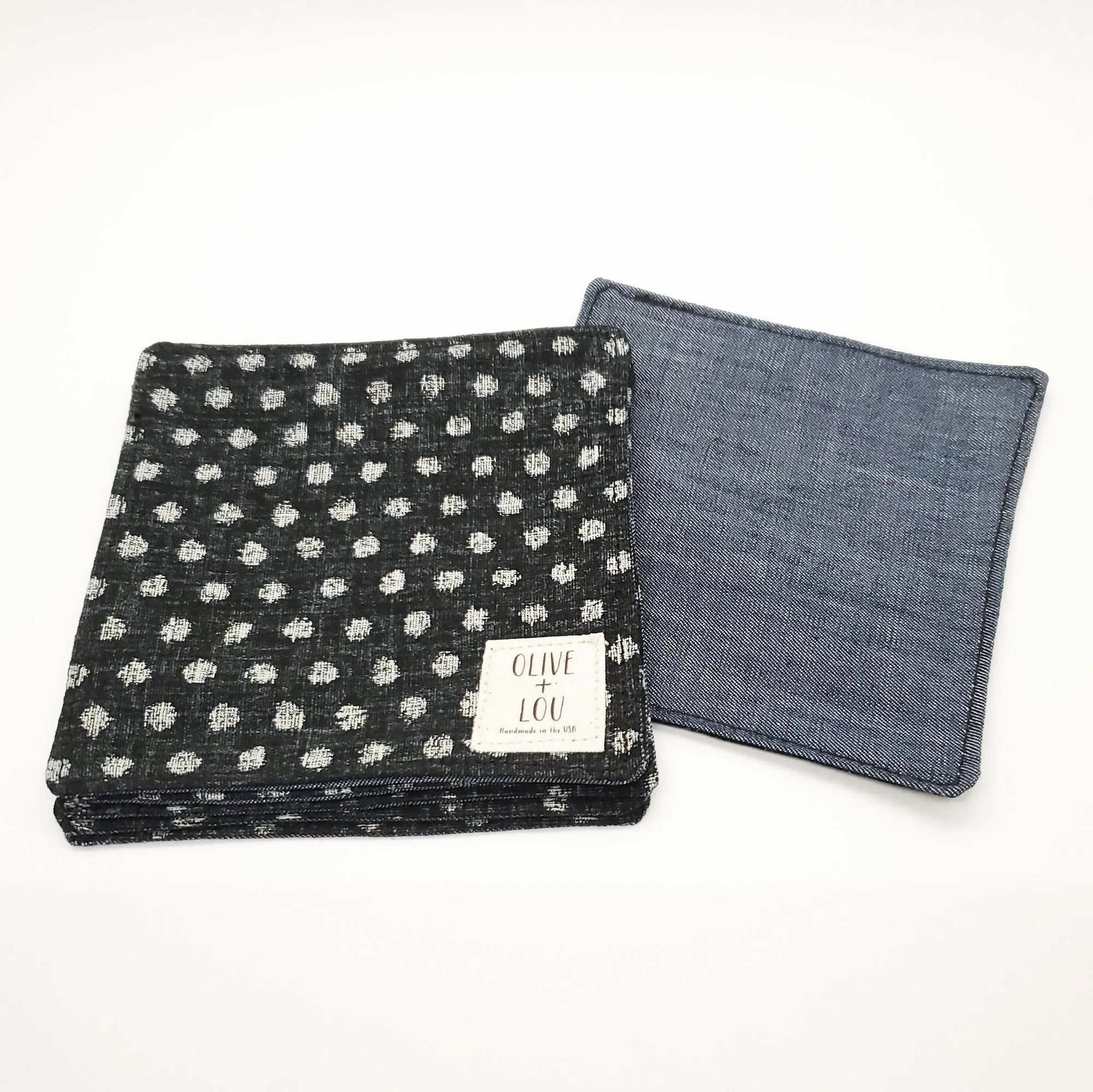 Japanese Cloth Coasters in Black Polka Dot   Denim