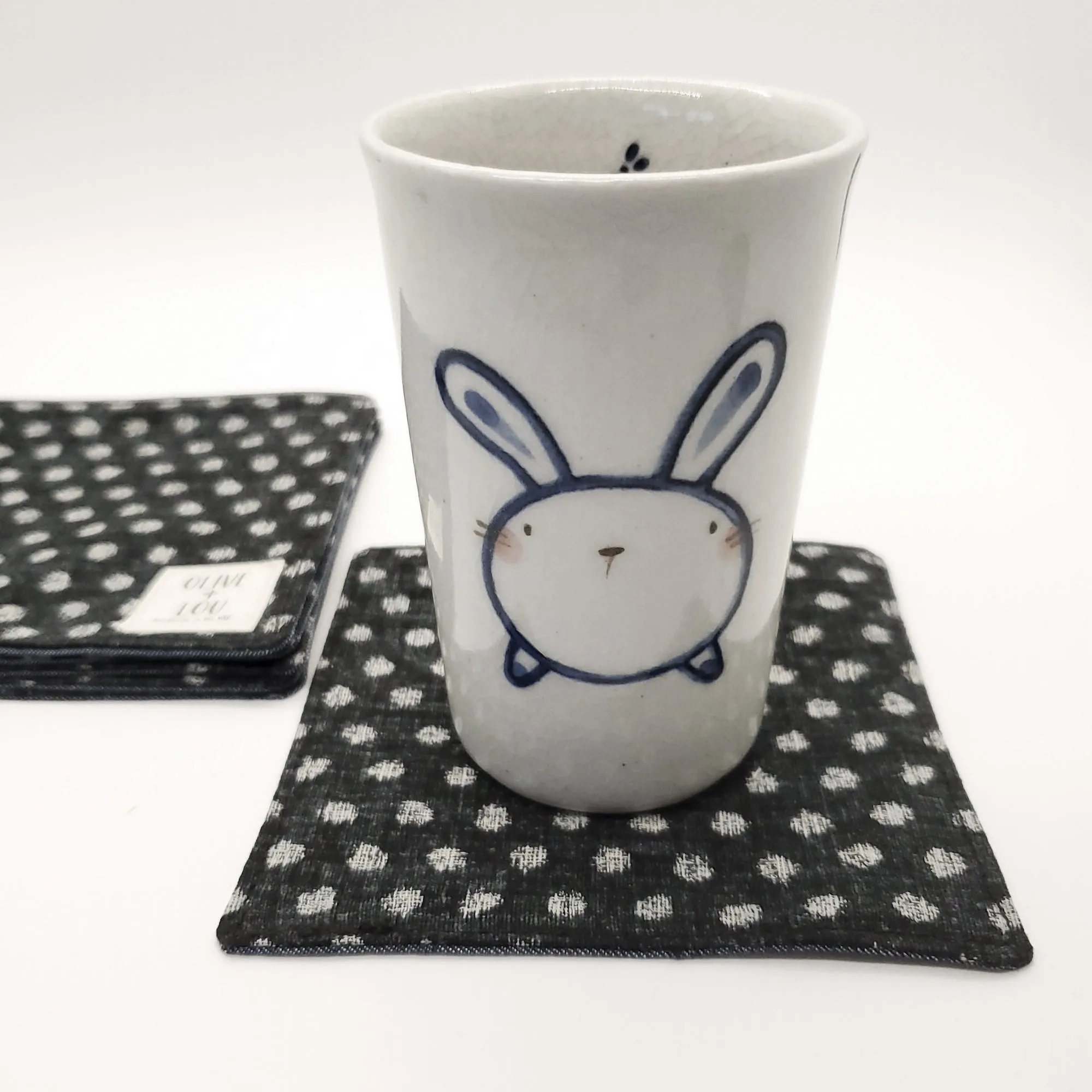 Japanese Cloth Coasters in Black Polka Dot   Denim