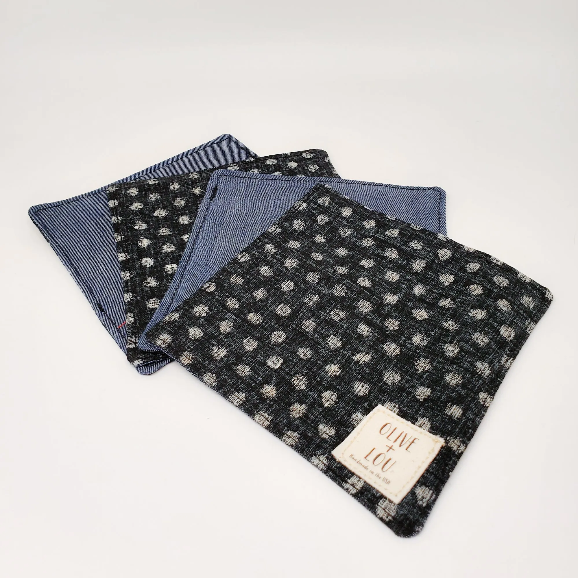 Japanese Cloth Coasters in Black Polka Dot   Denim