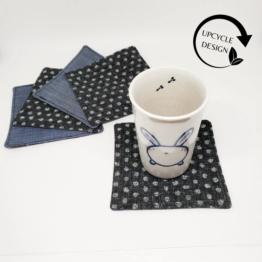 Japanese Cloth Coasters in Black Polka Dot   Denim