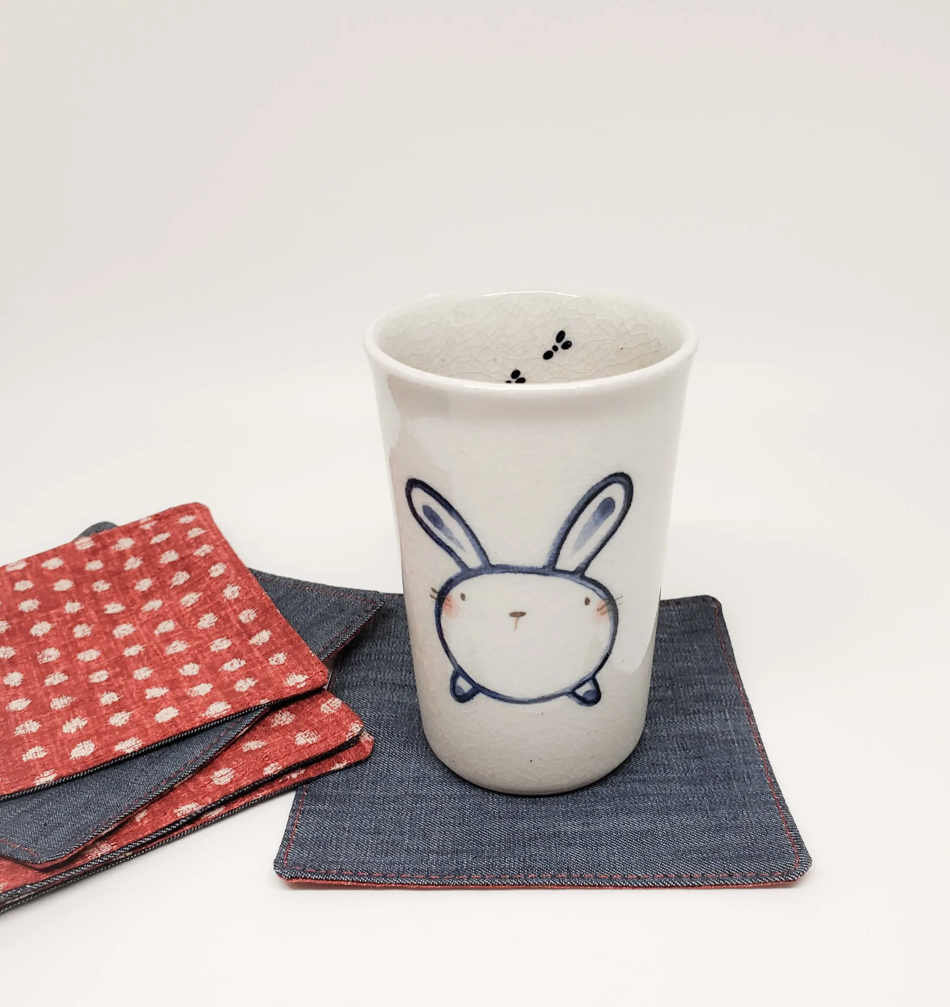 Japanese Cloth Coasters in Red Polka Dot   Denim