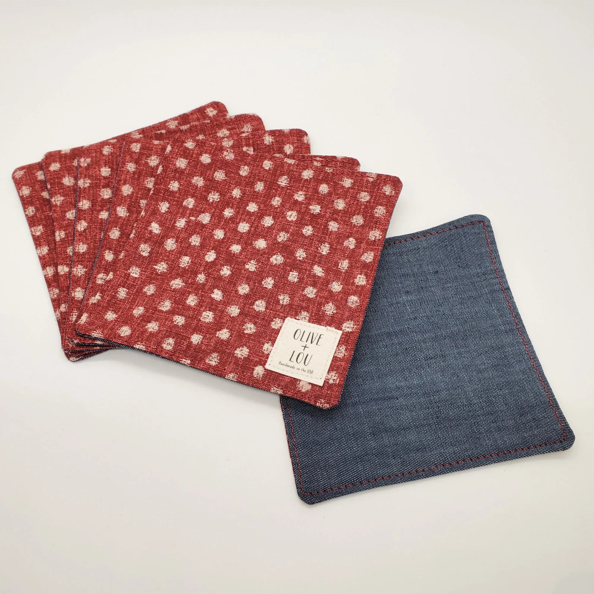 Japanese Cloth Coasters in Red Polka Dot   Denim