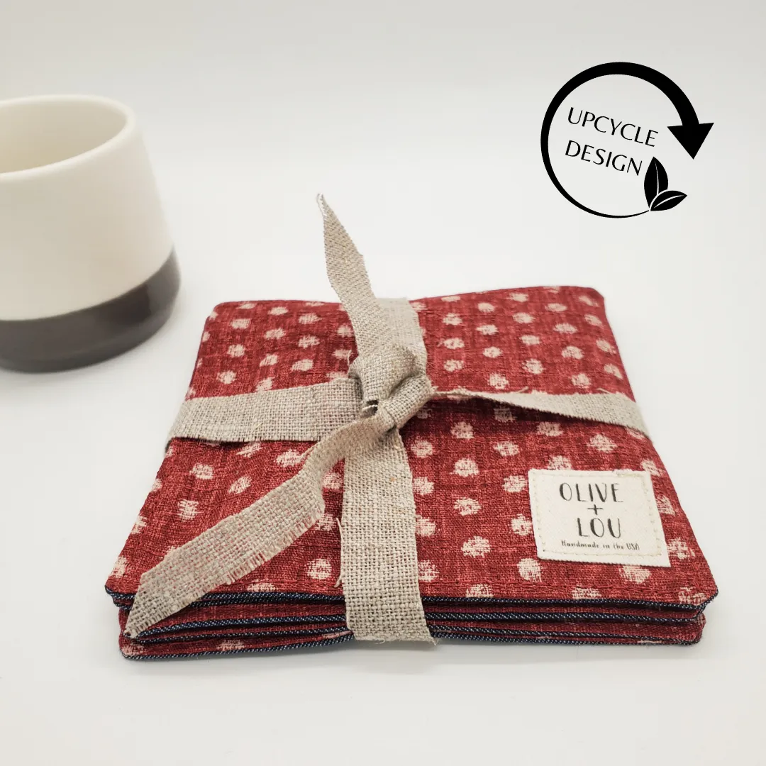Japanese Cloth Coasters in Red Polka Dot   Denim