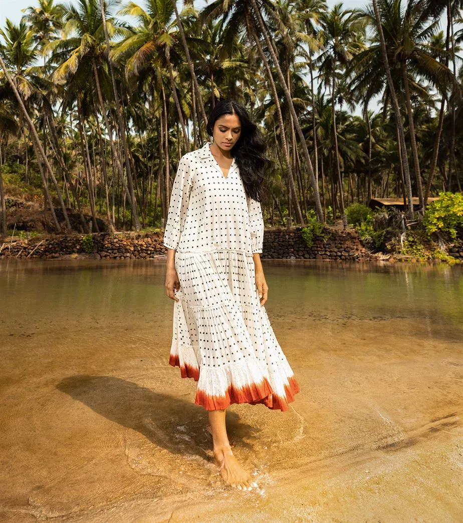 Khara Kapas I  Oh carol I Cotton Mulmul Hold my hand Dress White and red KK-24-32