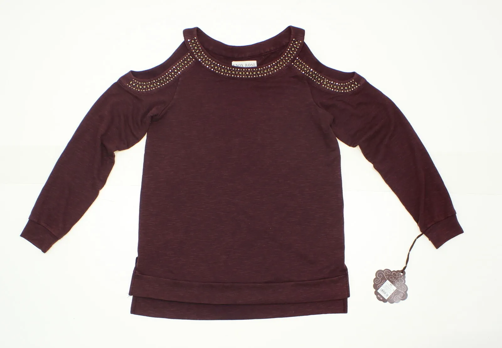 Knox Rose Women's Embellished Cold Shoulder Sweatshirt Burgundy