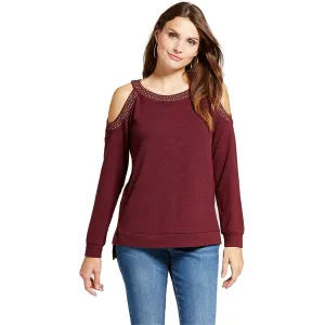 Knox Rose Women's Embellished Cold Shoulder Sweatshirt Burgundy